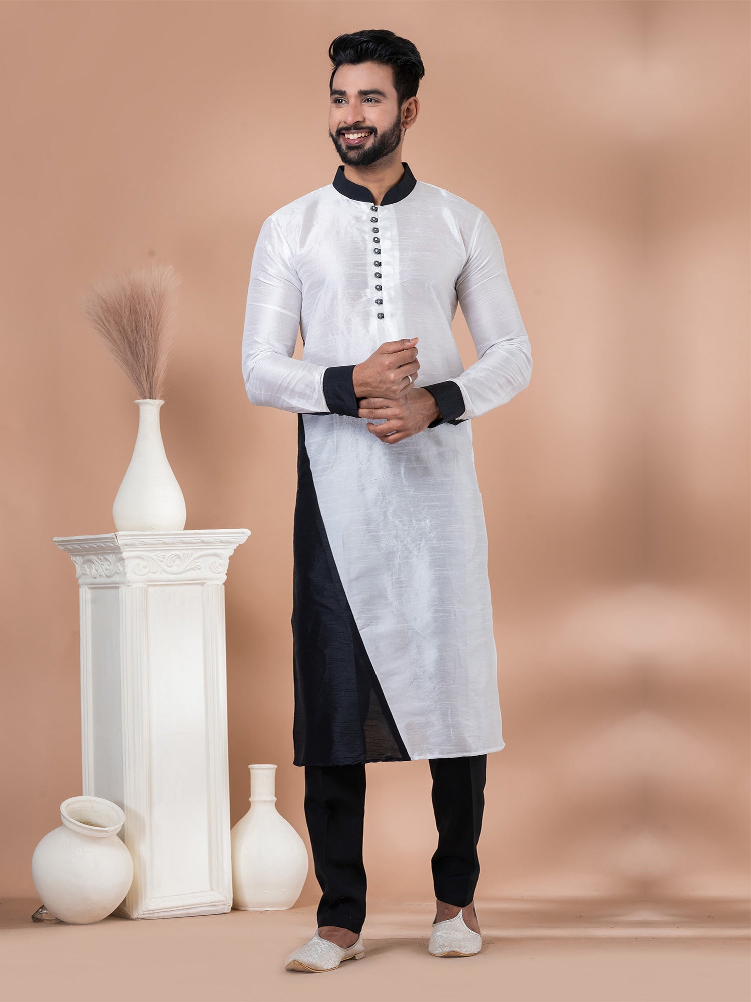White Art Silk Kurta Pyjama For Mens