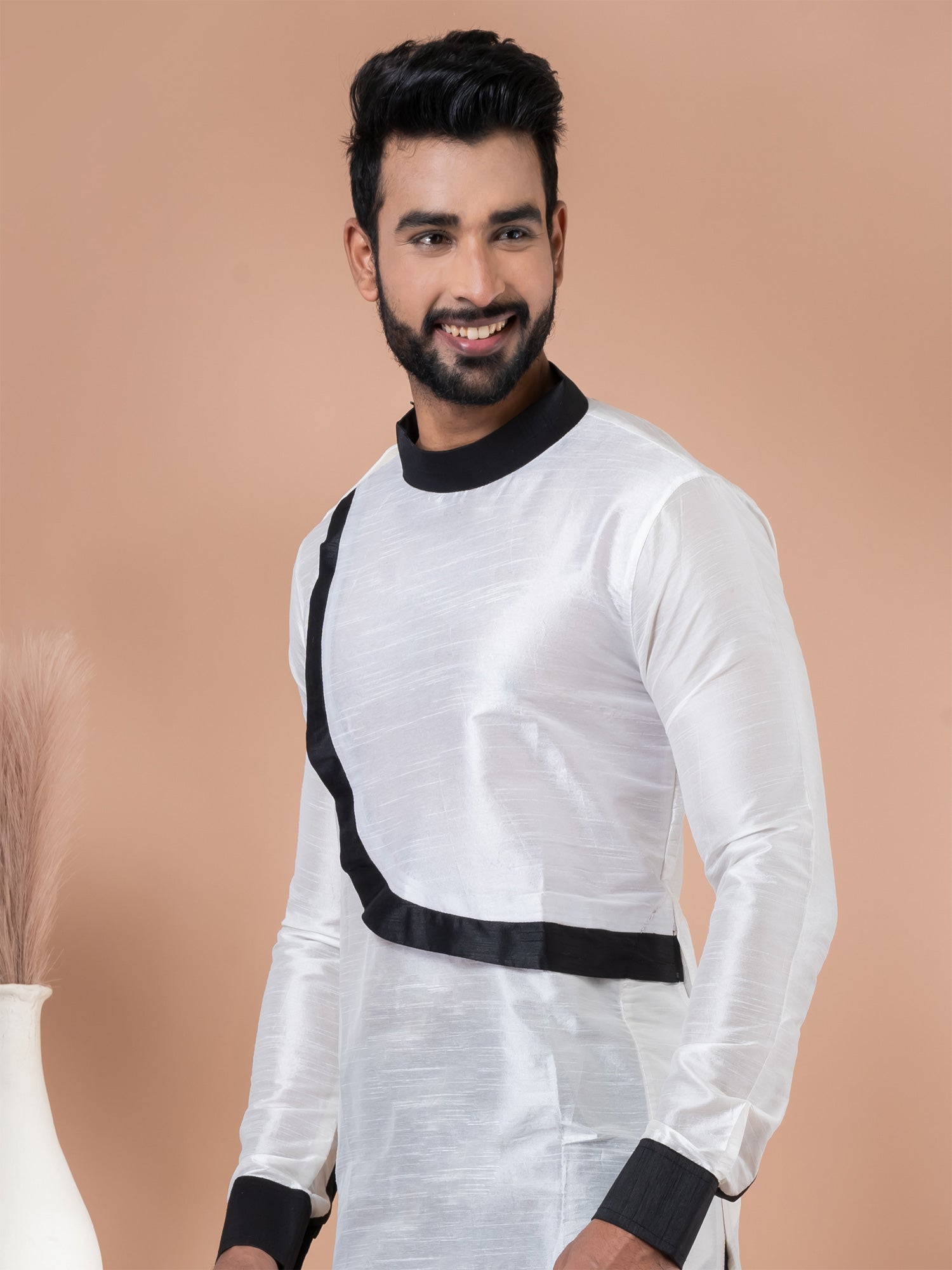 White Mens Readymade Kurta Pyjama In Art Silk