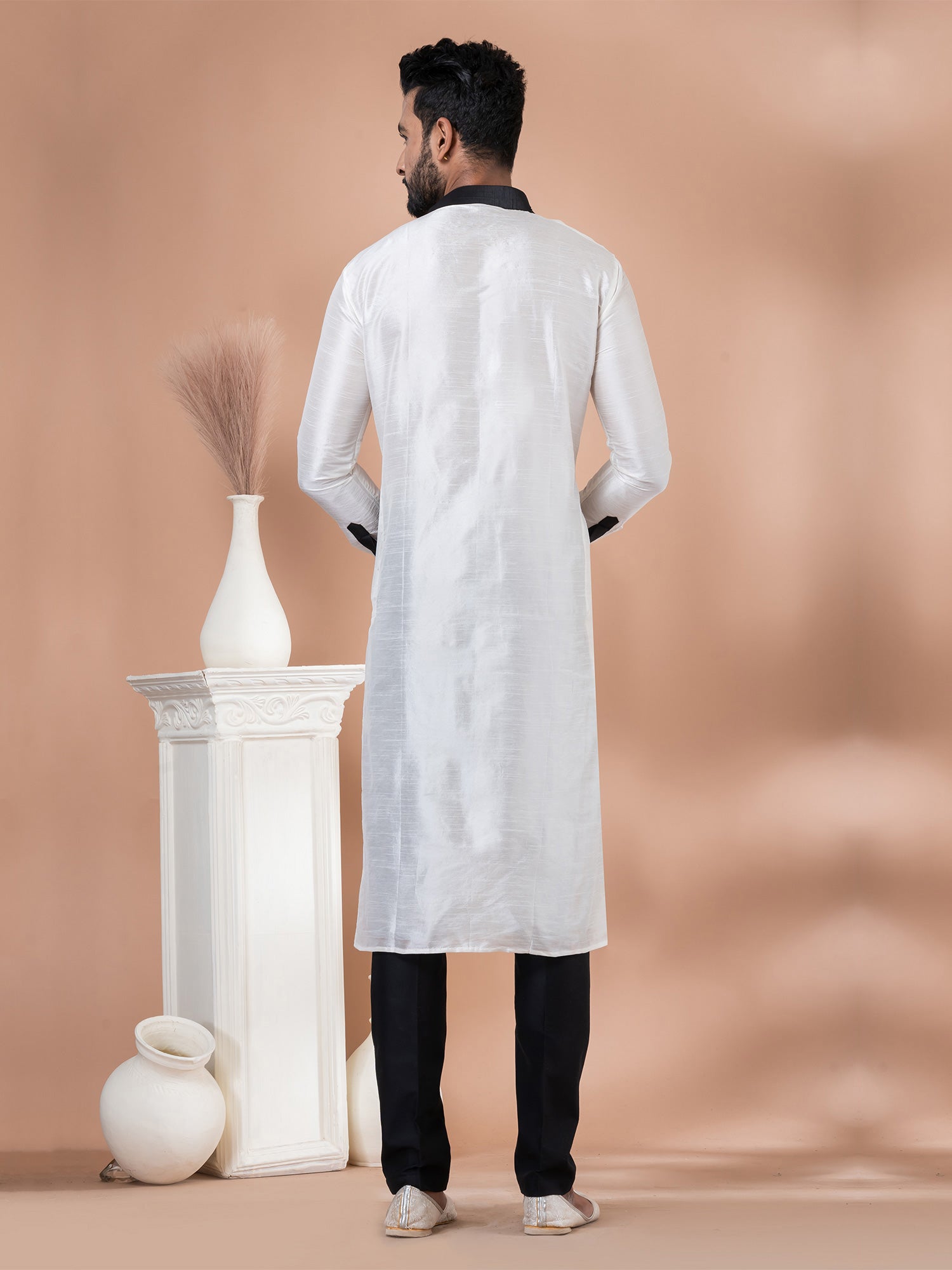 White Mens Readymade Kurta Pyjama In Art Silk