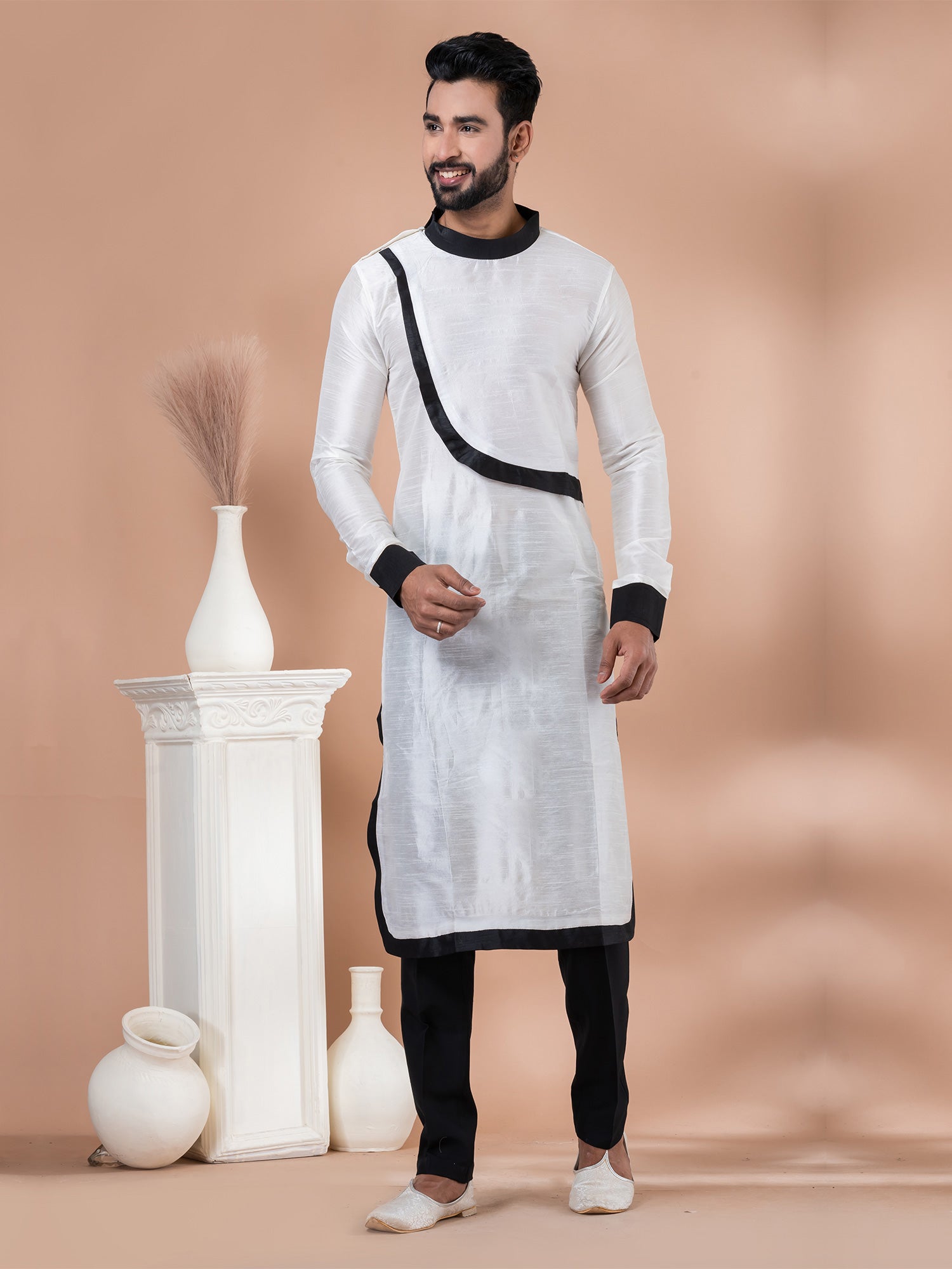 White Mens Readymade Kurta Pyjama In Art Silk