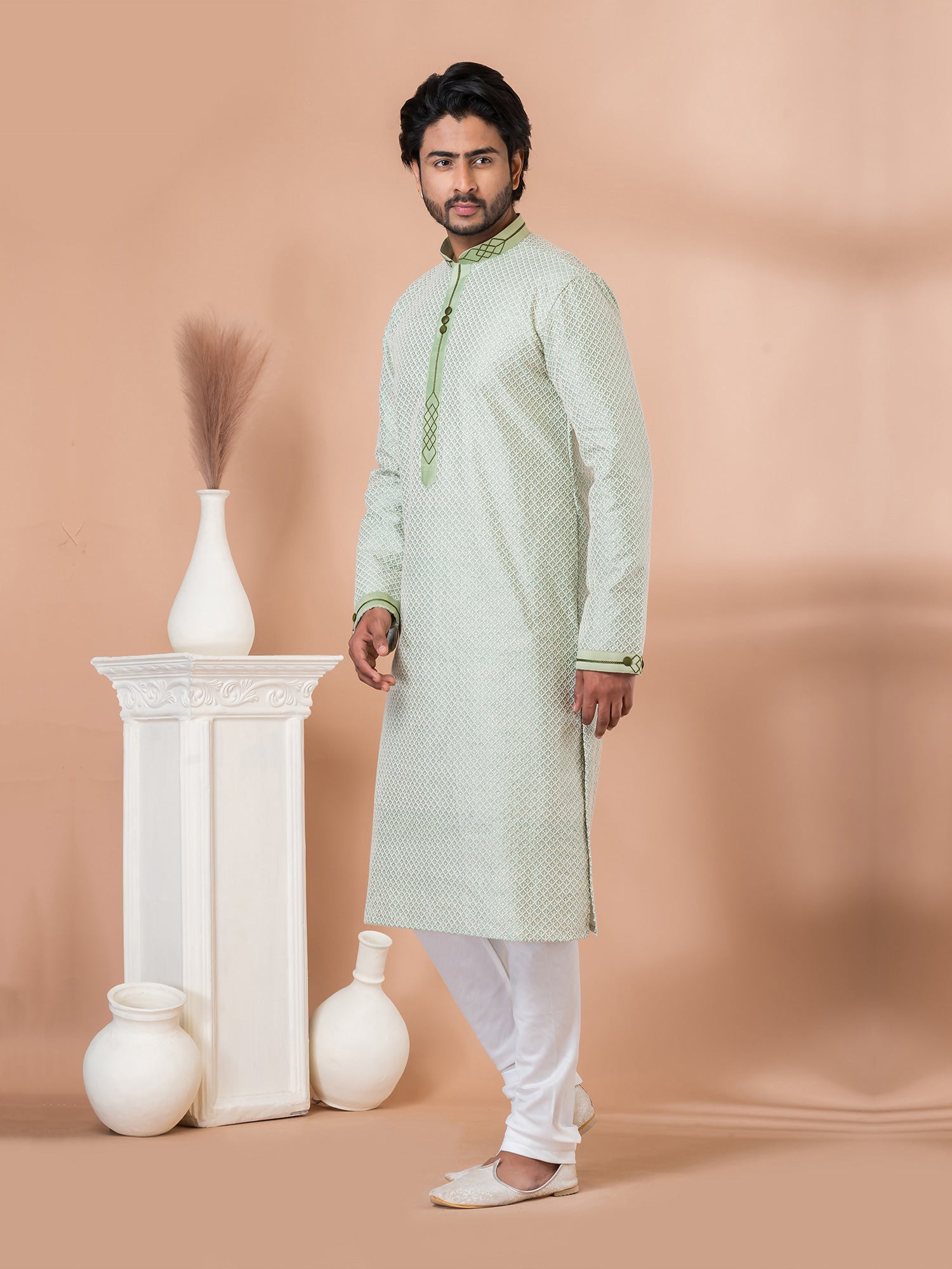 Green Embroidered Kurta Pyjama Set For Mens