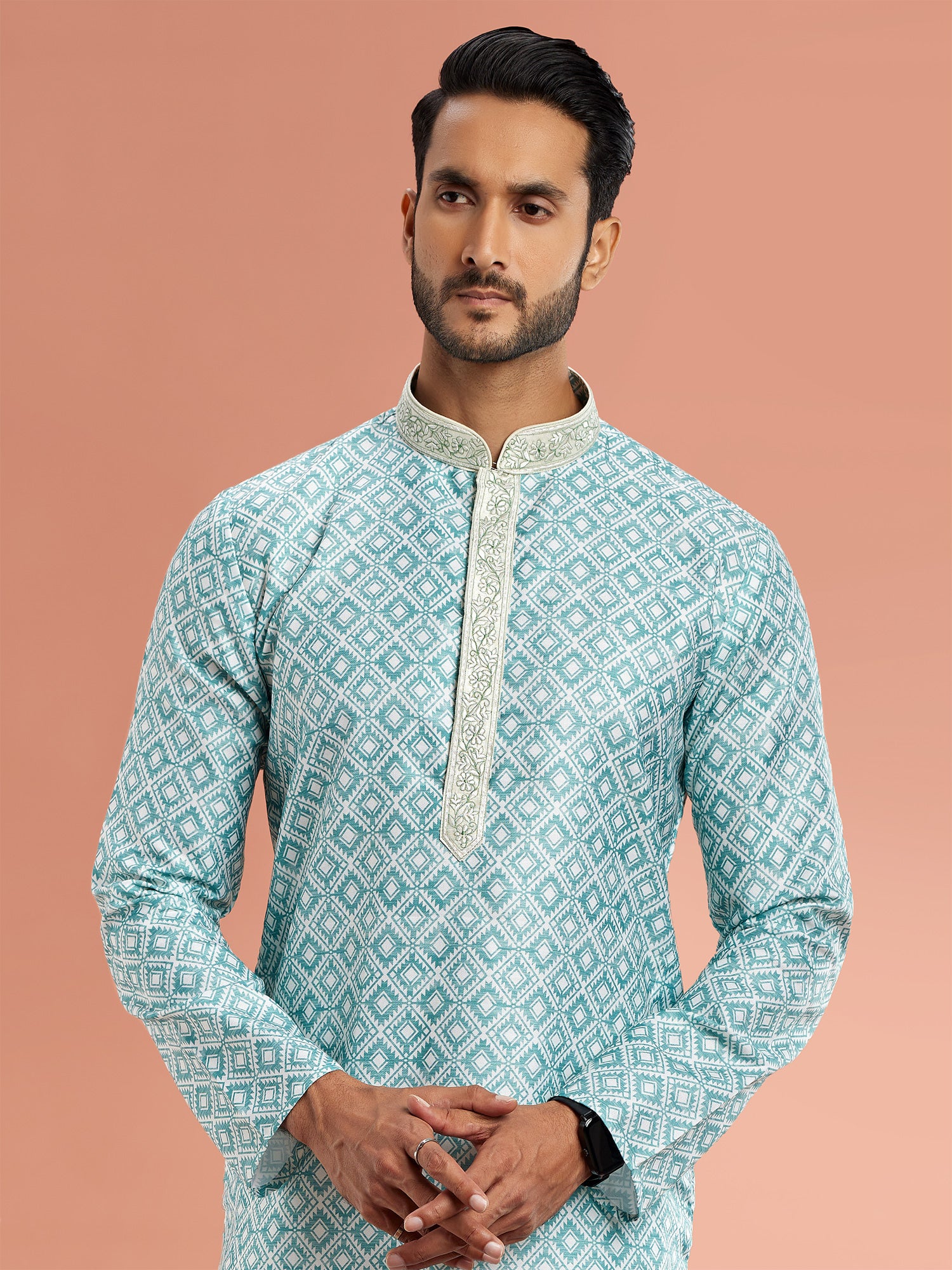 Blue Readymade Kurta Pyjama Set In Cotton
