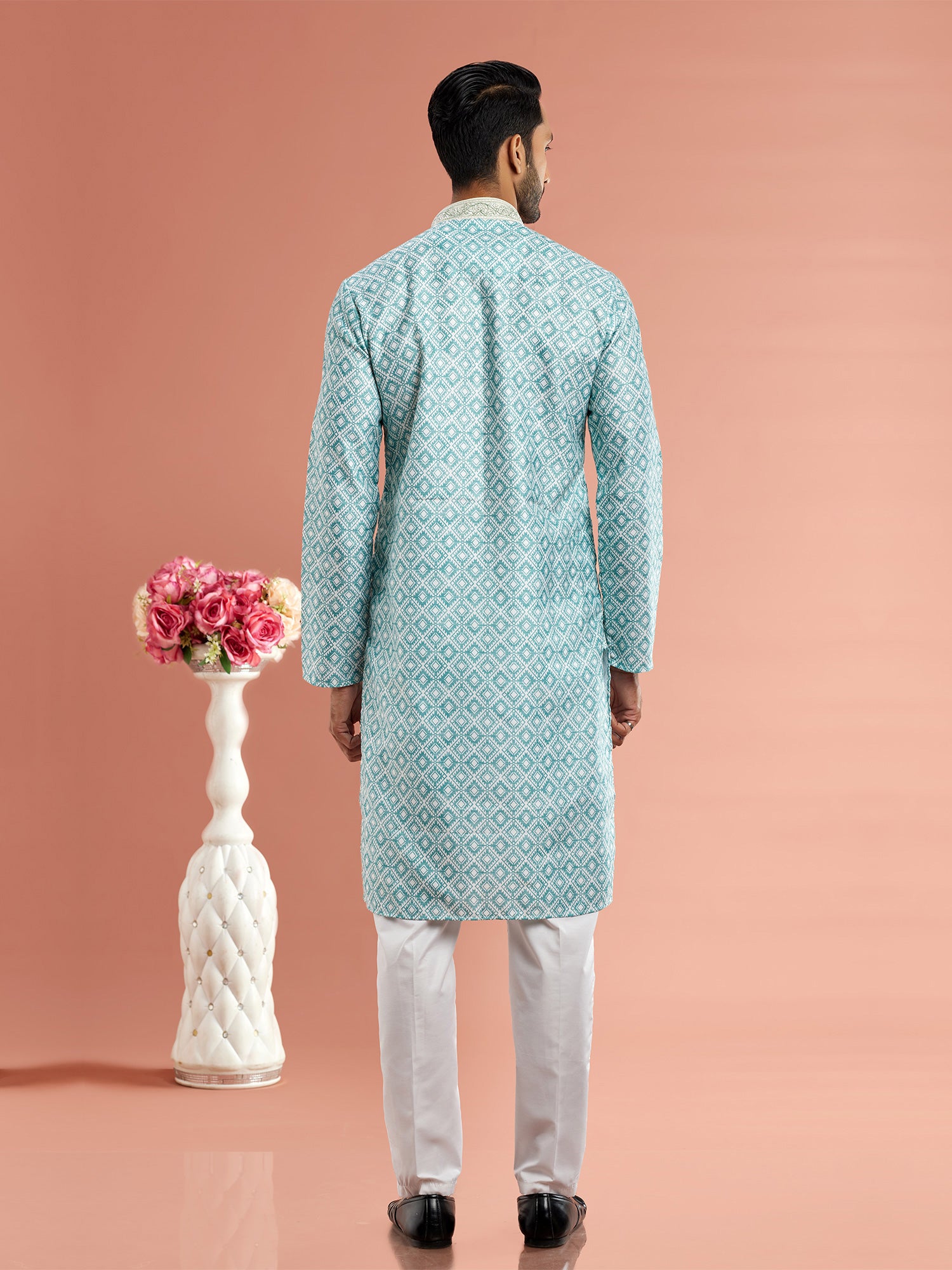 Blue Readymade Kurta Pyjama Set In Cotton