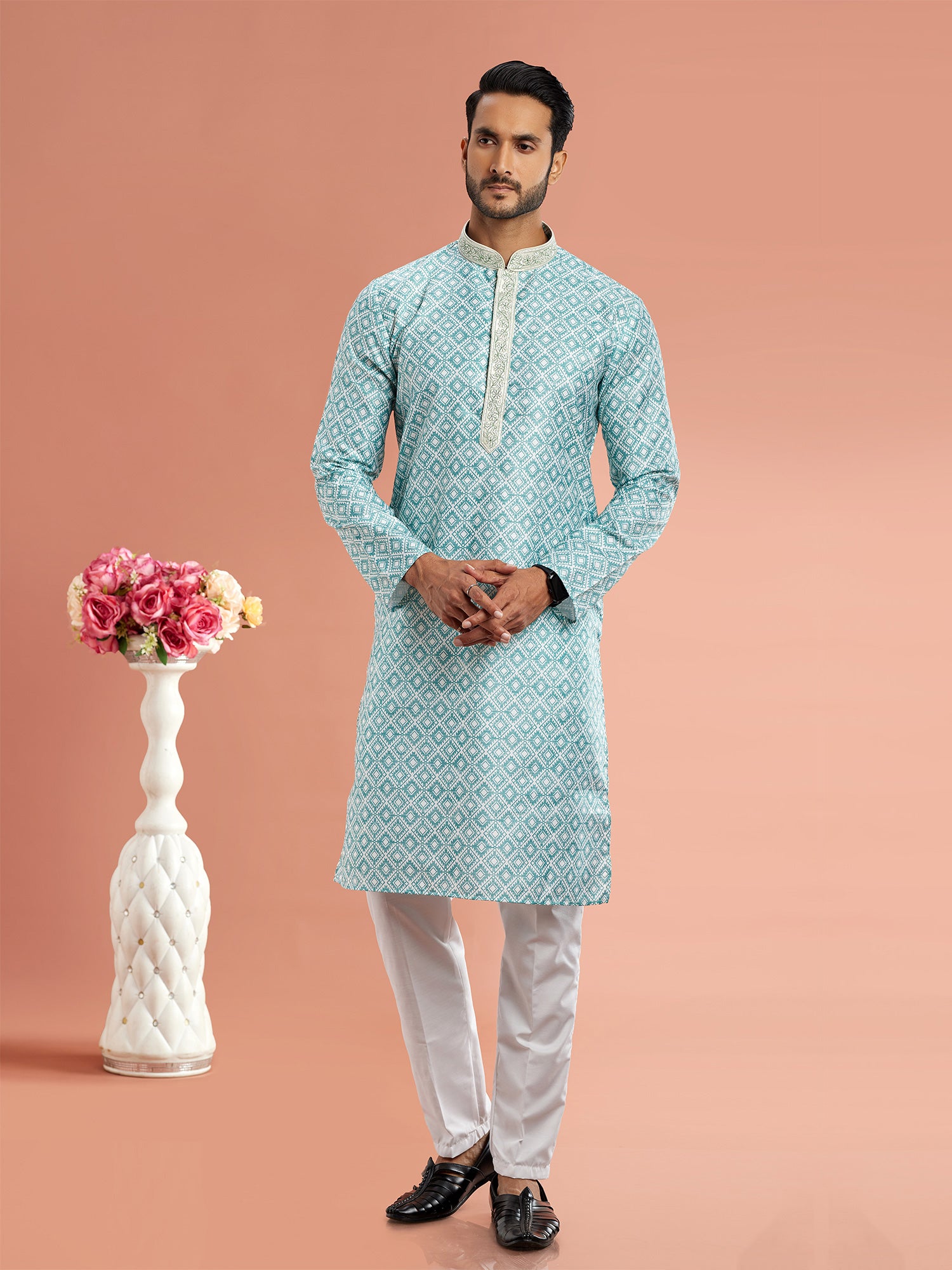Blue Readymade Kurta Pyjama Set In Cotton