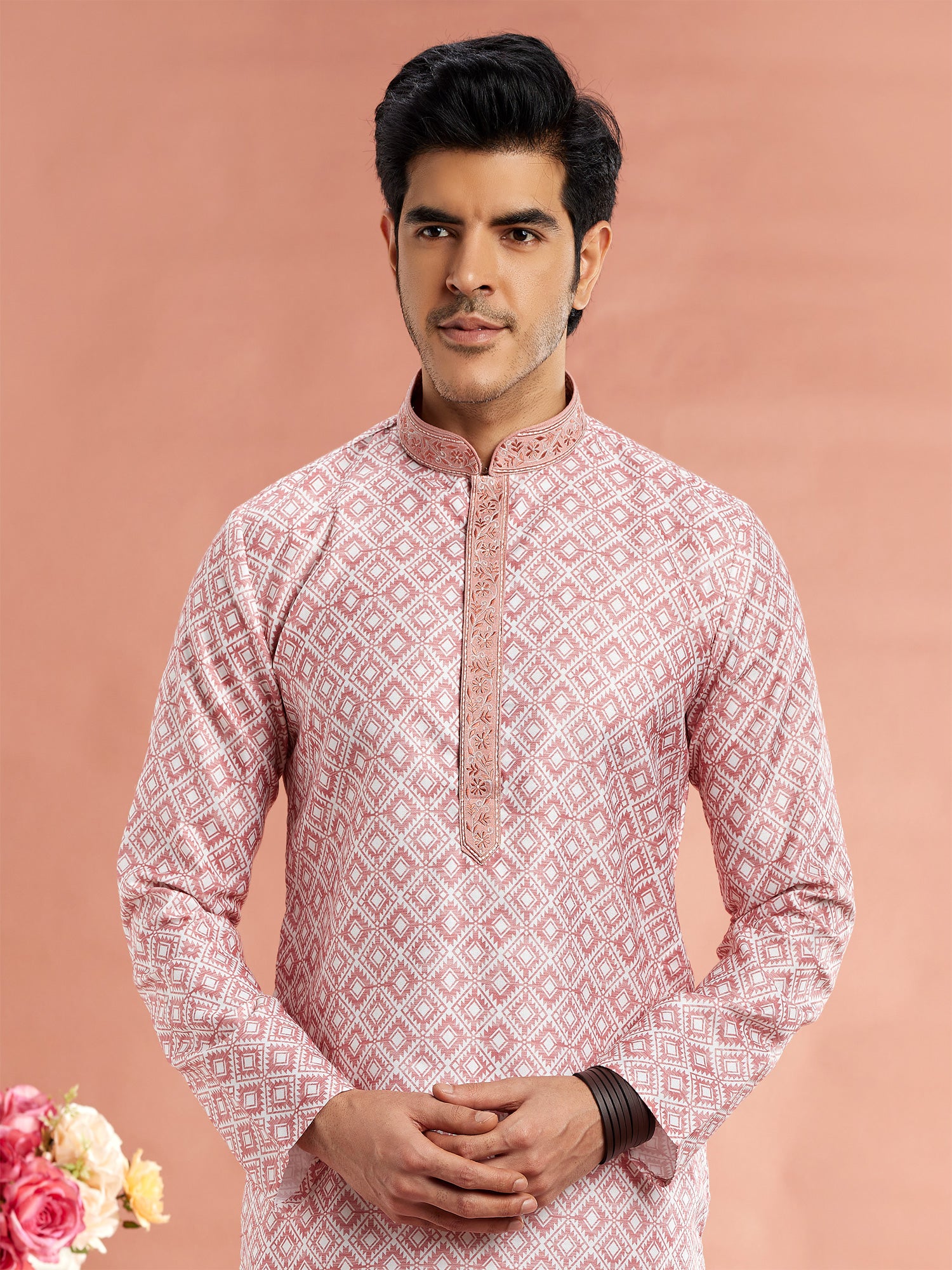Light Pink Cotton Mens Kurta Pyjama In Print
