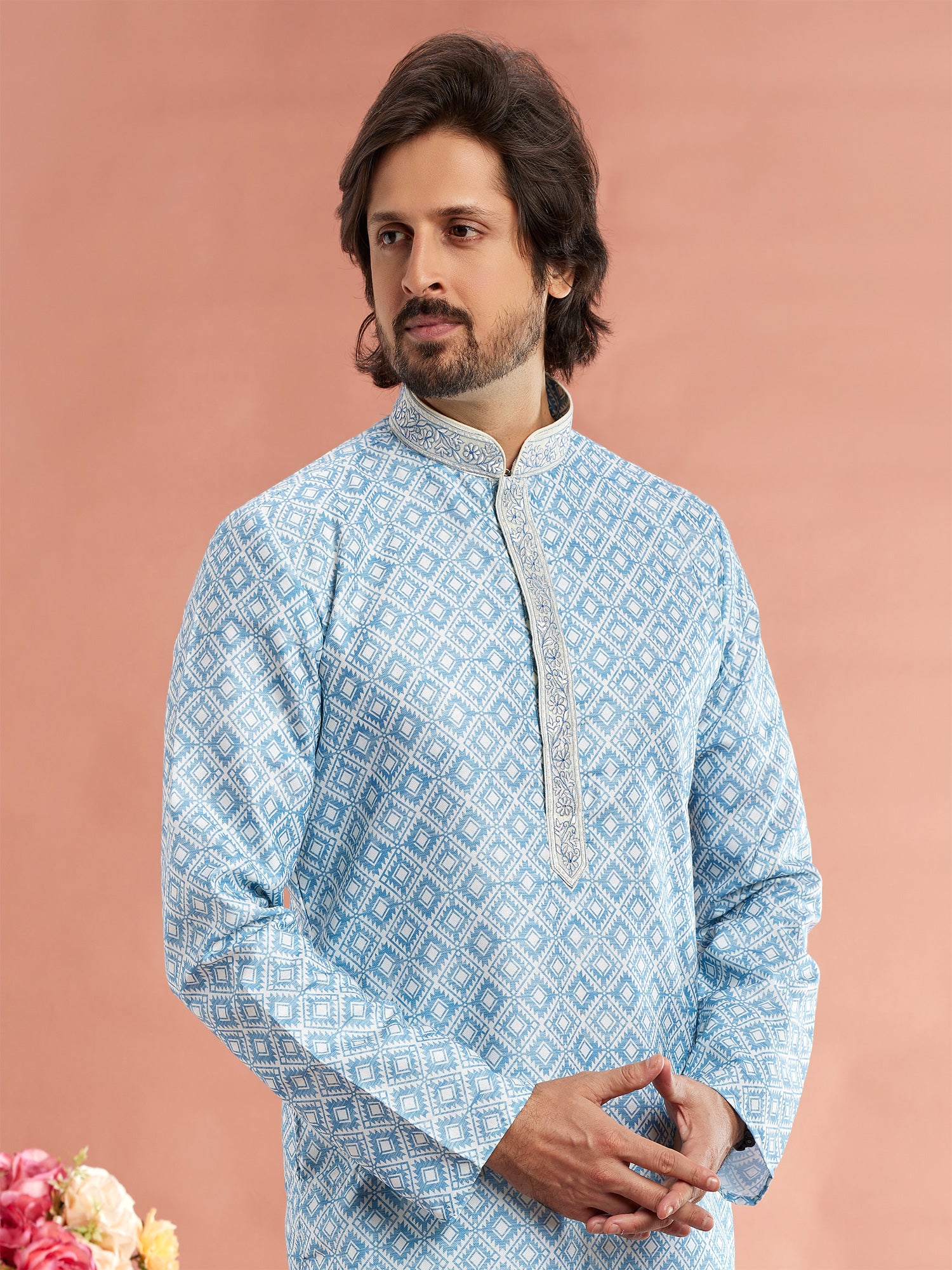 Light Blue Mens Printed Kurta Pyjama In Cotton