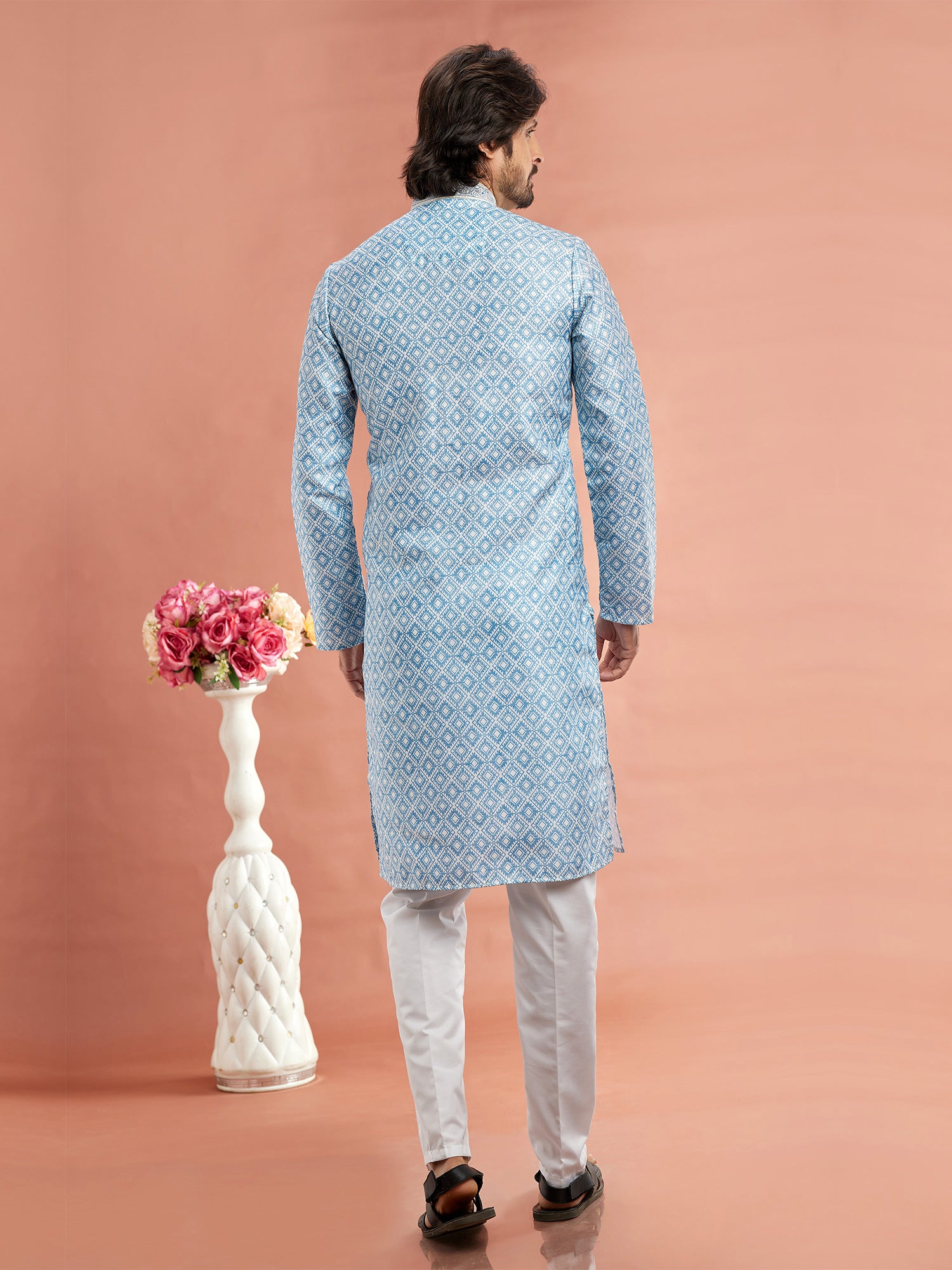 Light Blue Mens Printed Kurta Pyjama In Cotton
