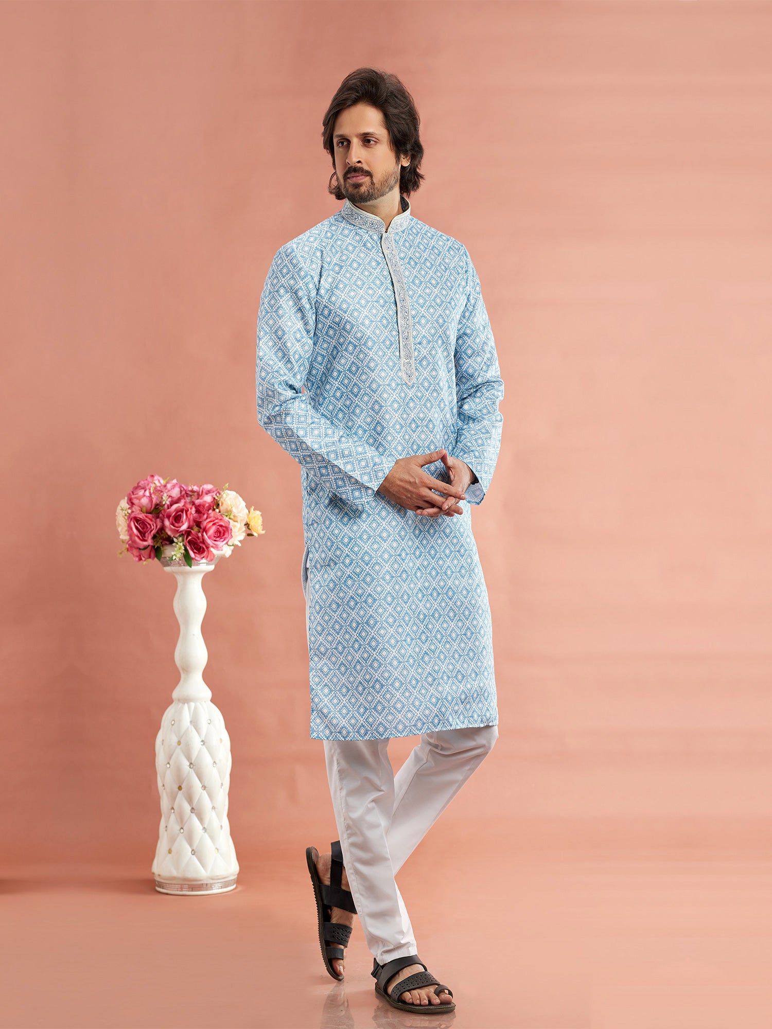 Light Blue Mens Printed Kurta Pyjama In Cotton