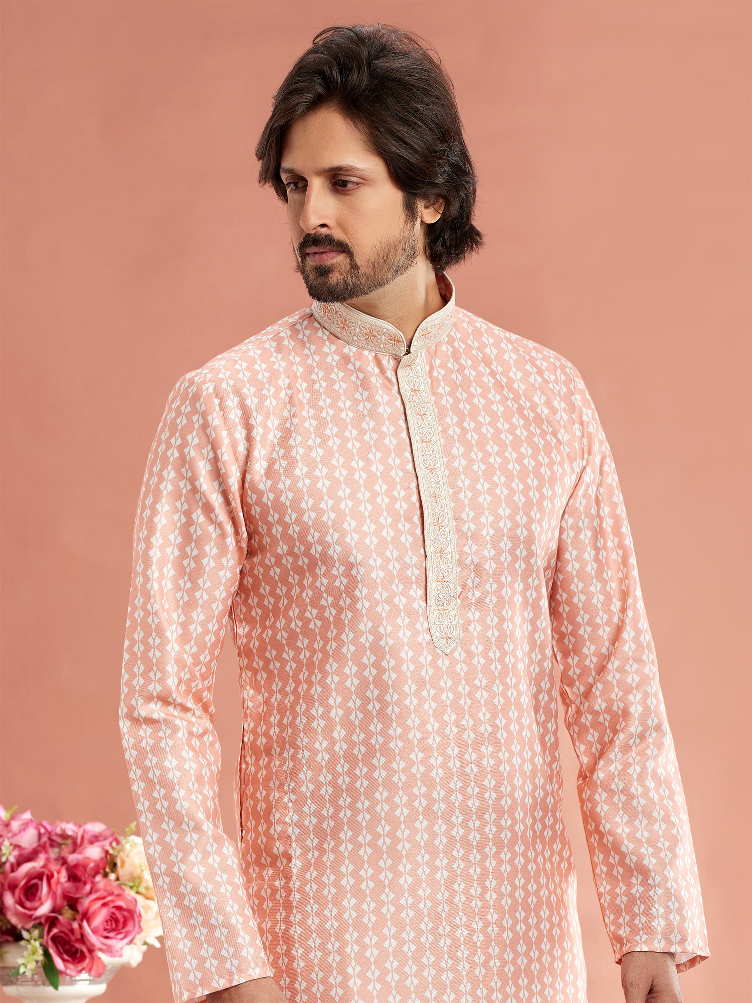 Peach Readymade Kurta Pyjama Set In Cotton