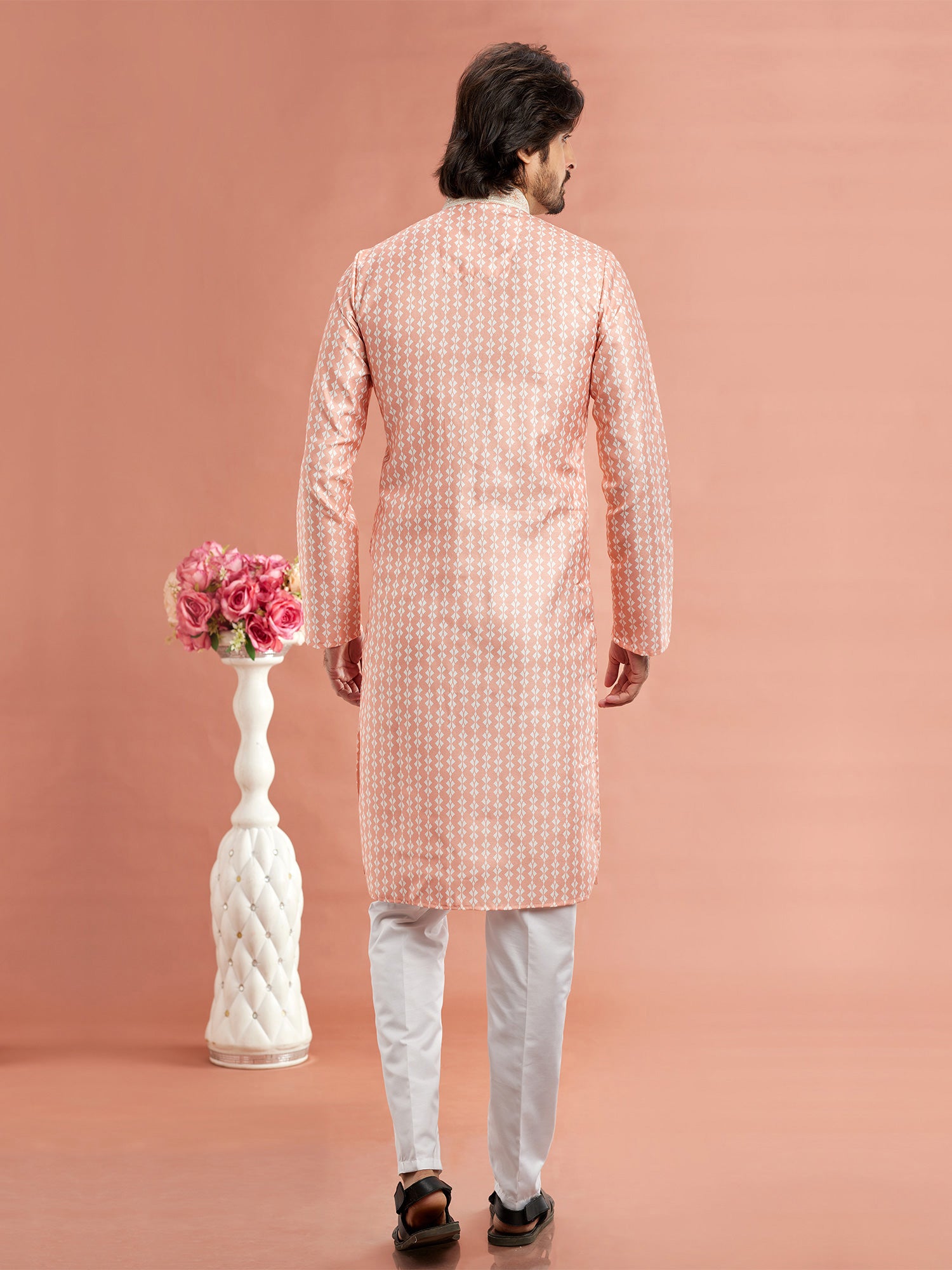 Peach Readymade Kurta Pyjama Set In Cotton