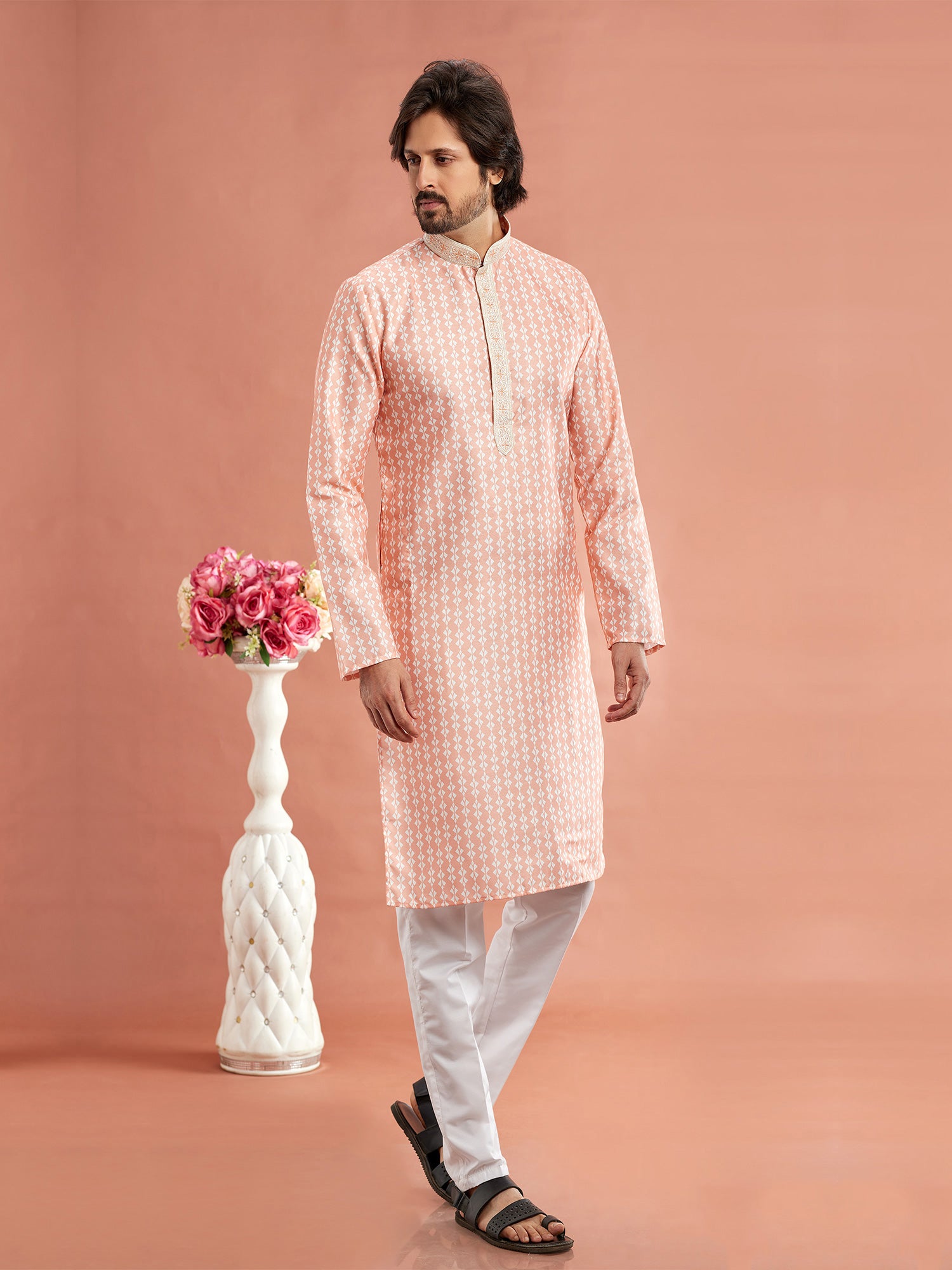 Peach Readymade Kurta Pyjama Set In Cotton