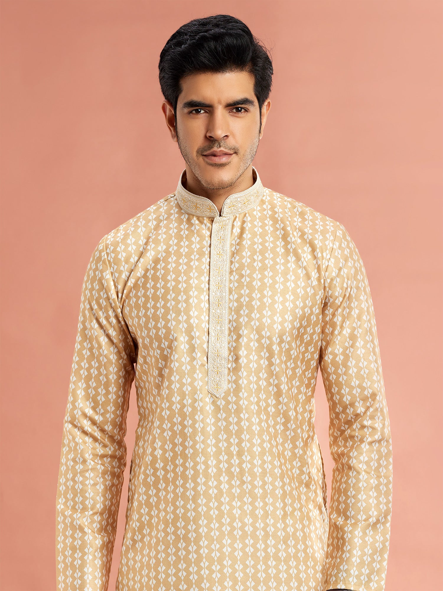 Light Brown Mens Printed Kurta Pyjama In Cotton