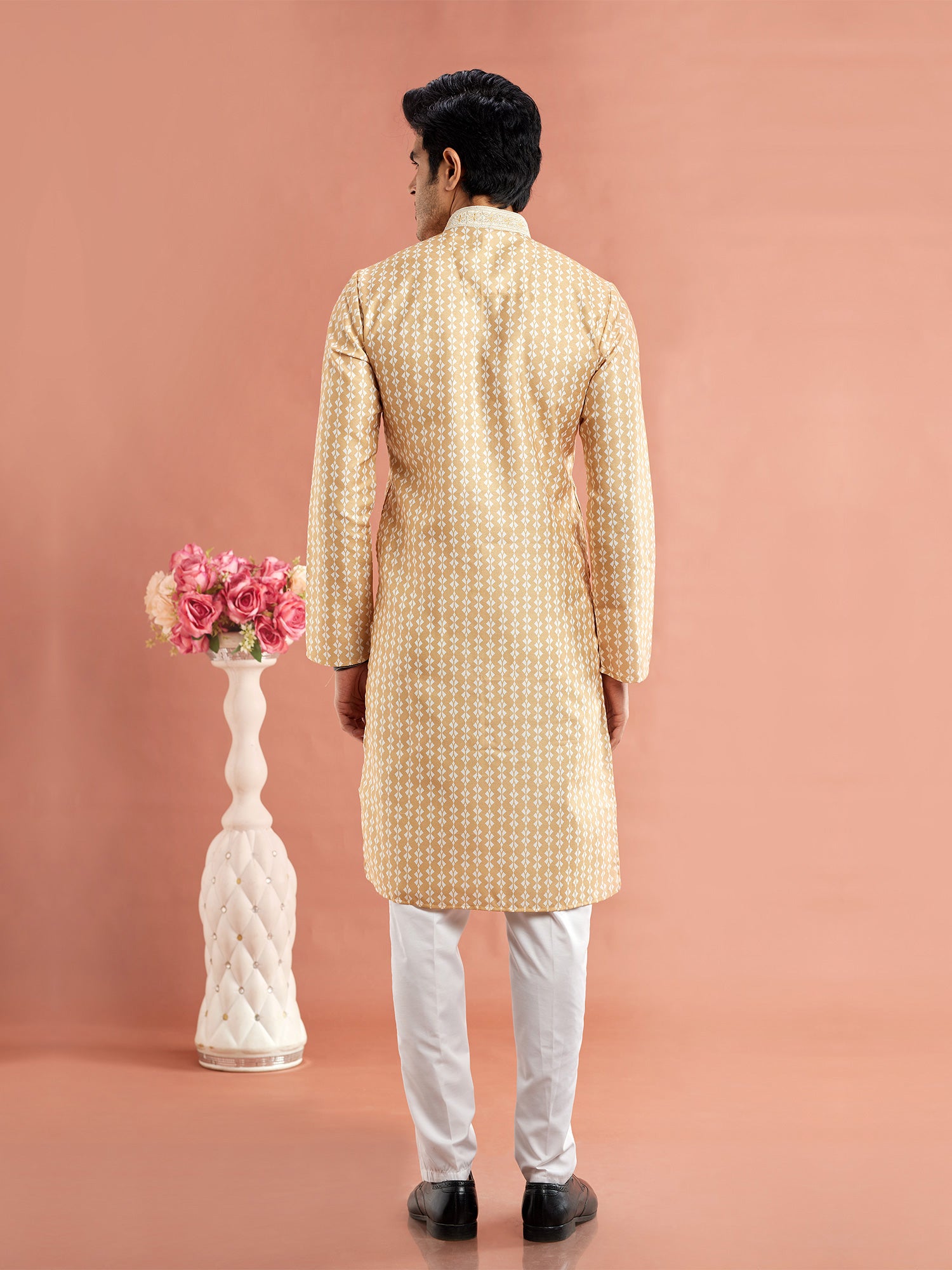 Light Brown Mens Printed Kurta Pyjama In Cotton