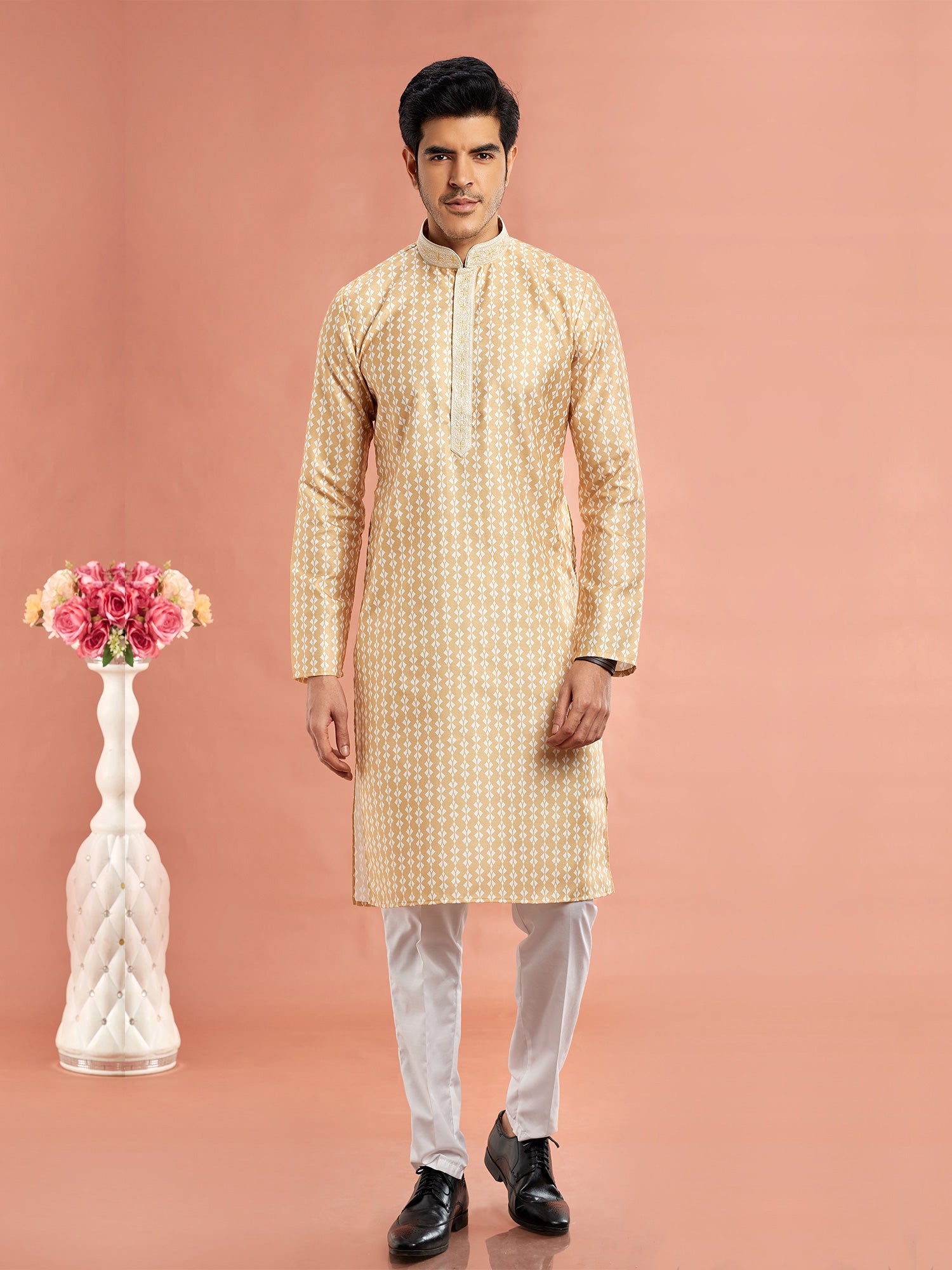 Light Brown Mens Printed Kurta Pyjama In Cotton
