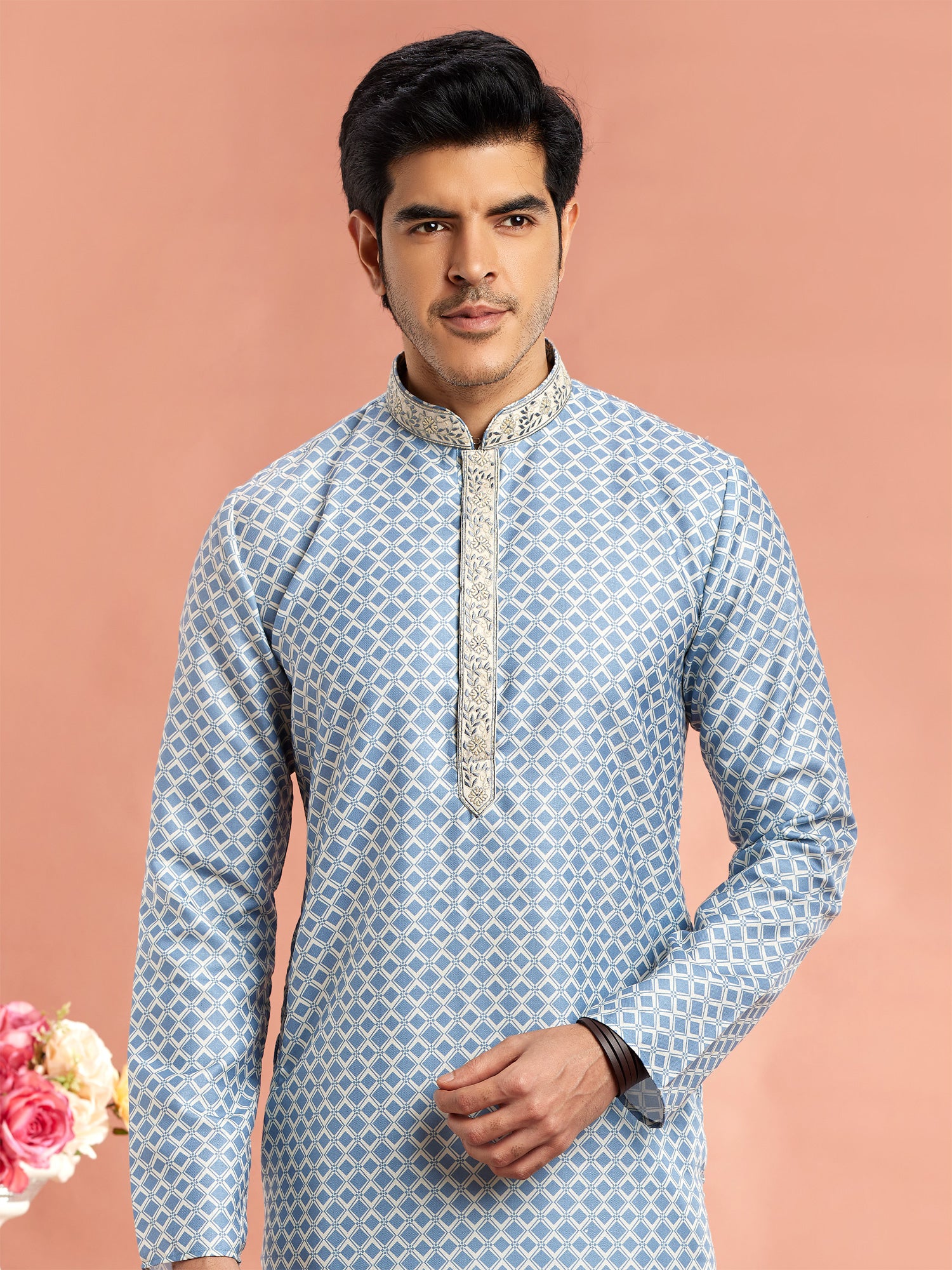 Sky Blue Printed Kurta Pyjama For Mens In Cotton