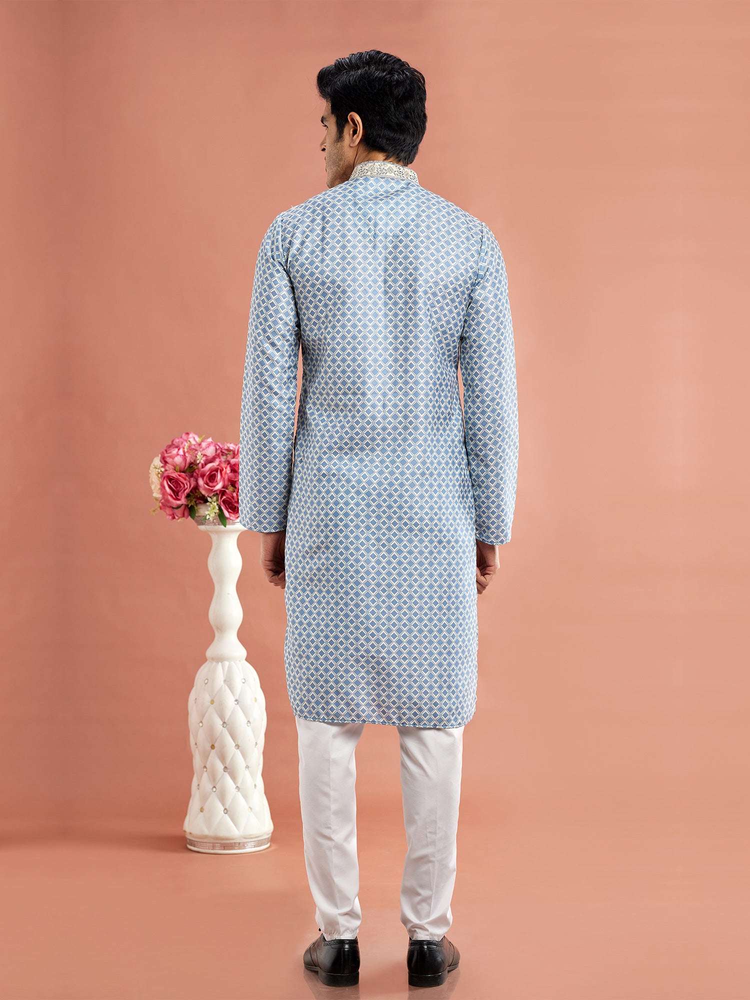 Sky Blue Printed Kurta Pyjama For Mens In Cotton
