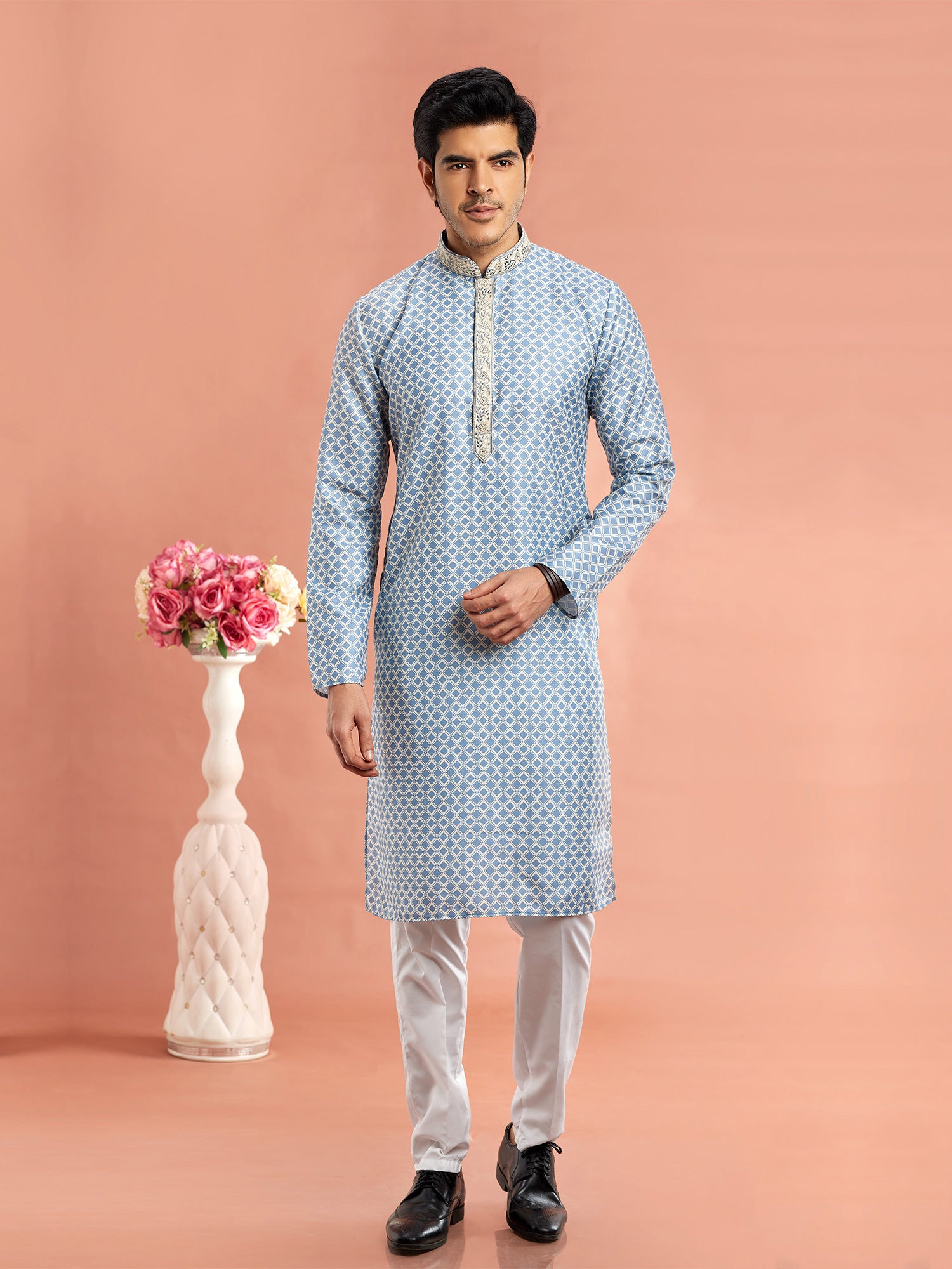 Sky Blue Printed Kurta Pyjama For Mens In Cotton
