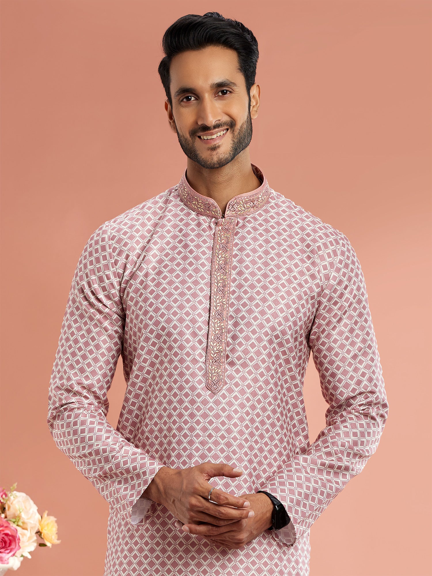 Mauve Pink Festive Kurta Pyjama For Mens In Cotton