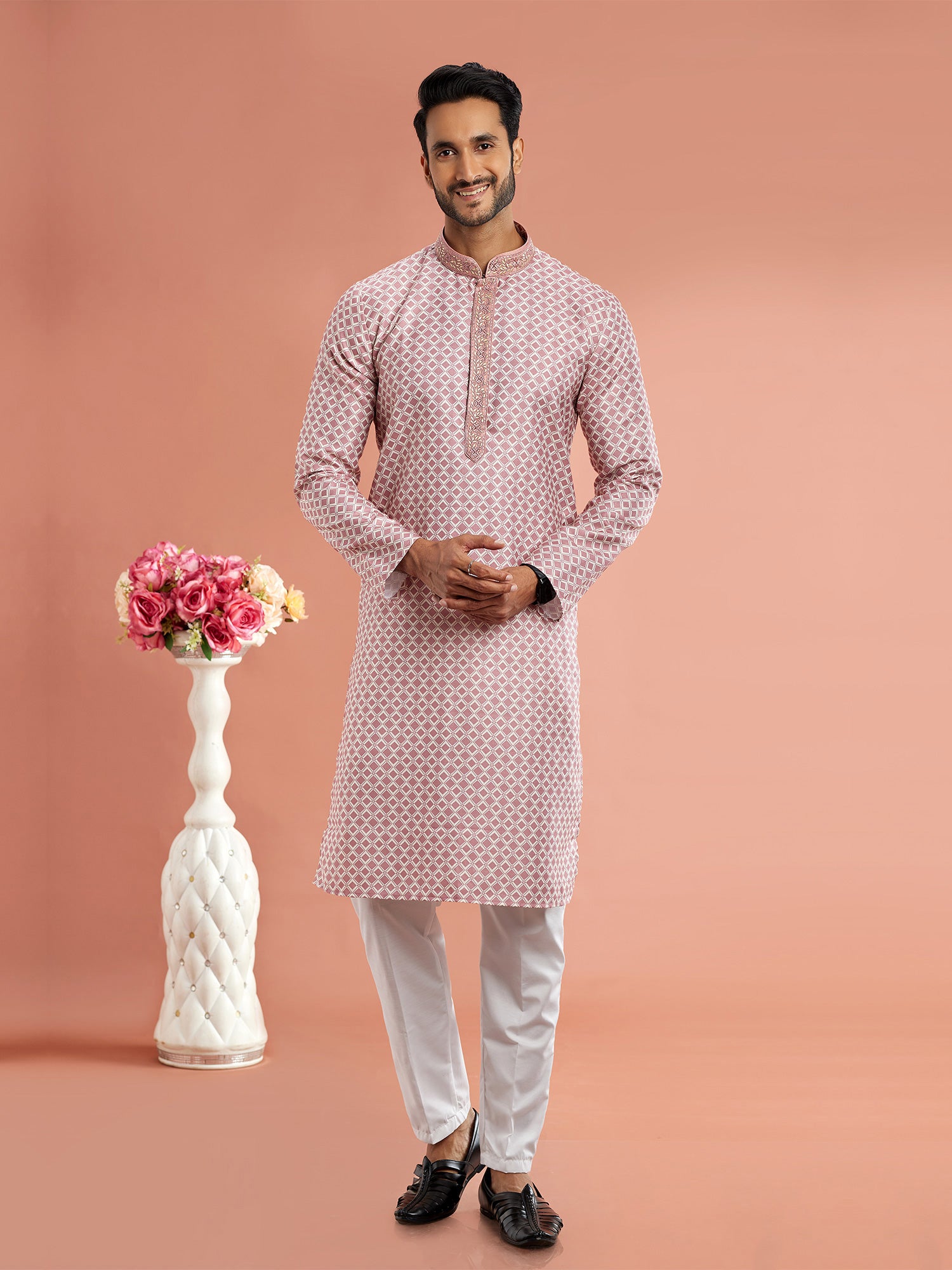 Mauve Pink Festive Kurta Pyjama For Mens In Cotton