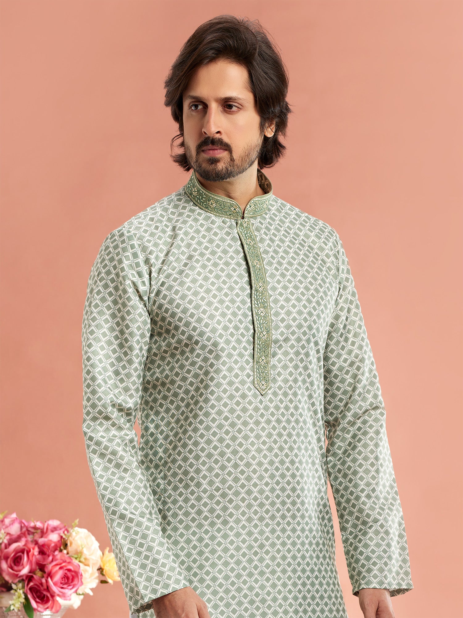 Green Printed Readymade Mens Kurta Pyjama