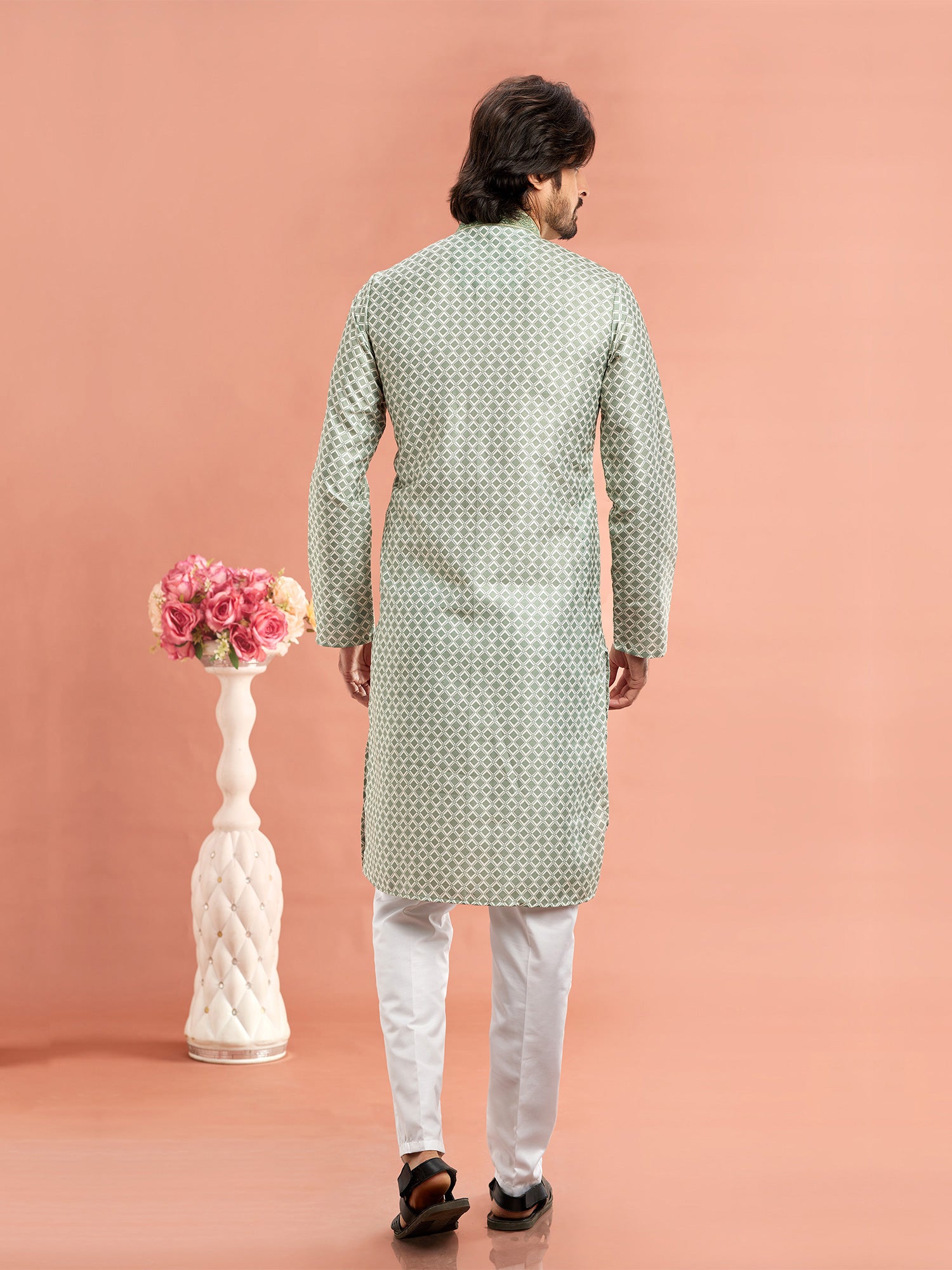 Green Printed Readymade Mens Kurta Pyjama