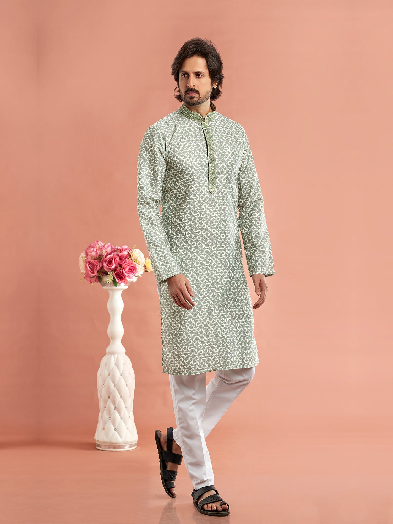 Green Printed Readymade Mens Kurta Pyjama