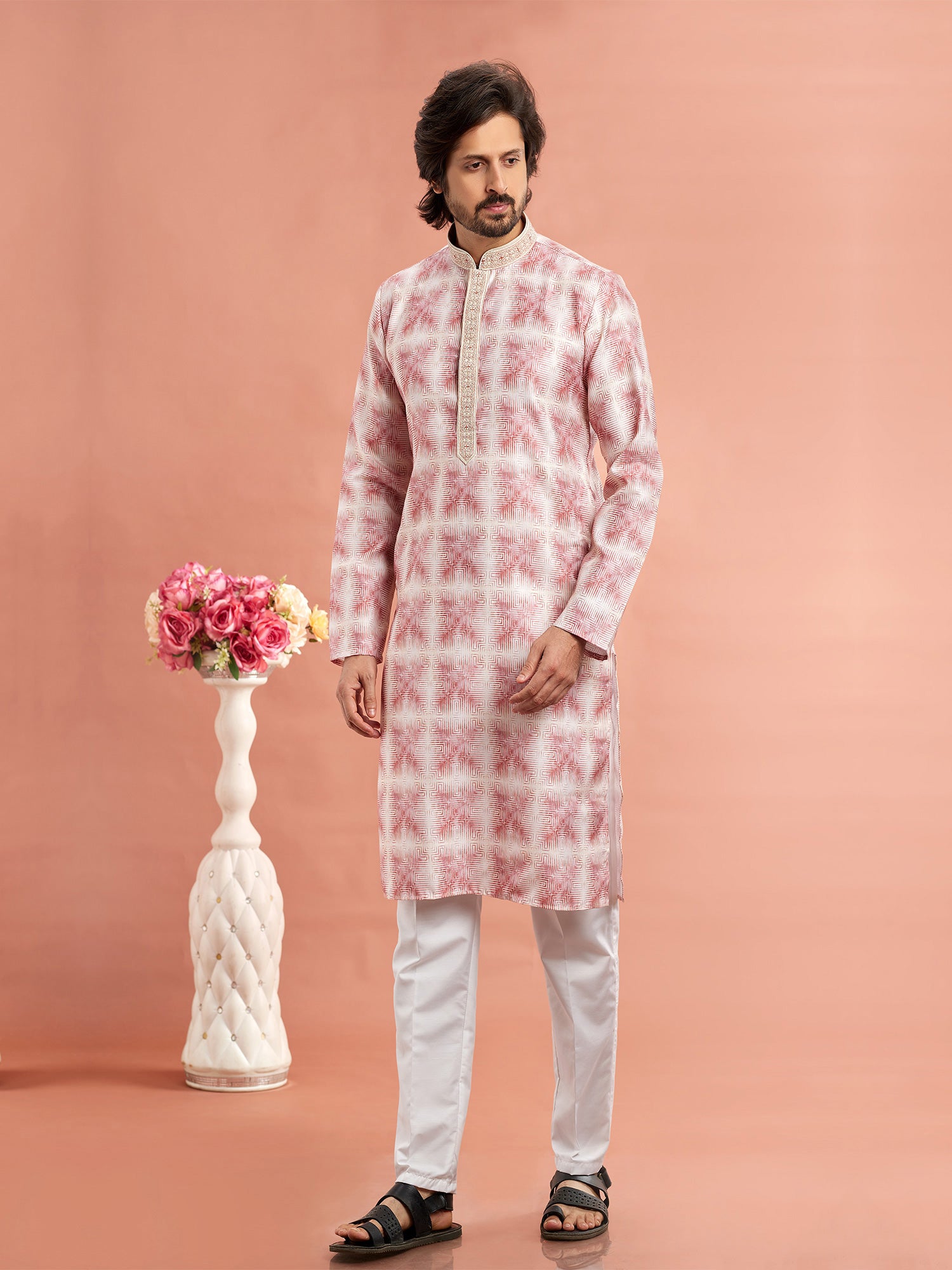 Off White Digital Printed Mens Readymade Kurta