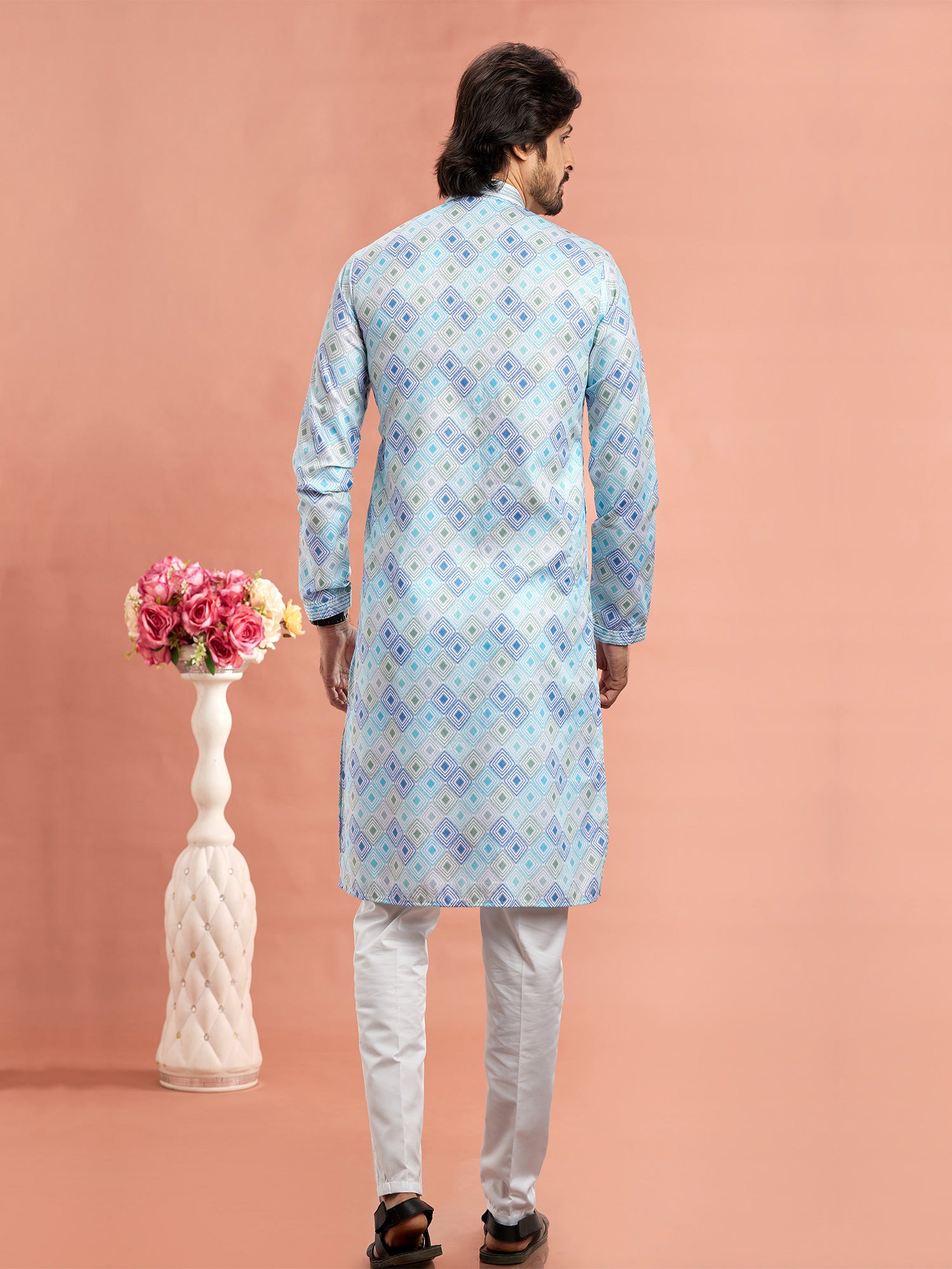 Sky Blue Cotton Kurta Set For Mens In Print