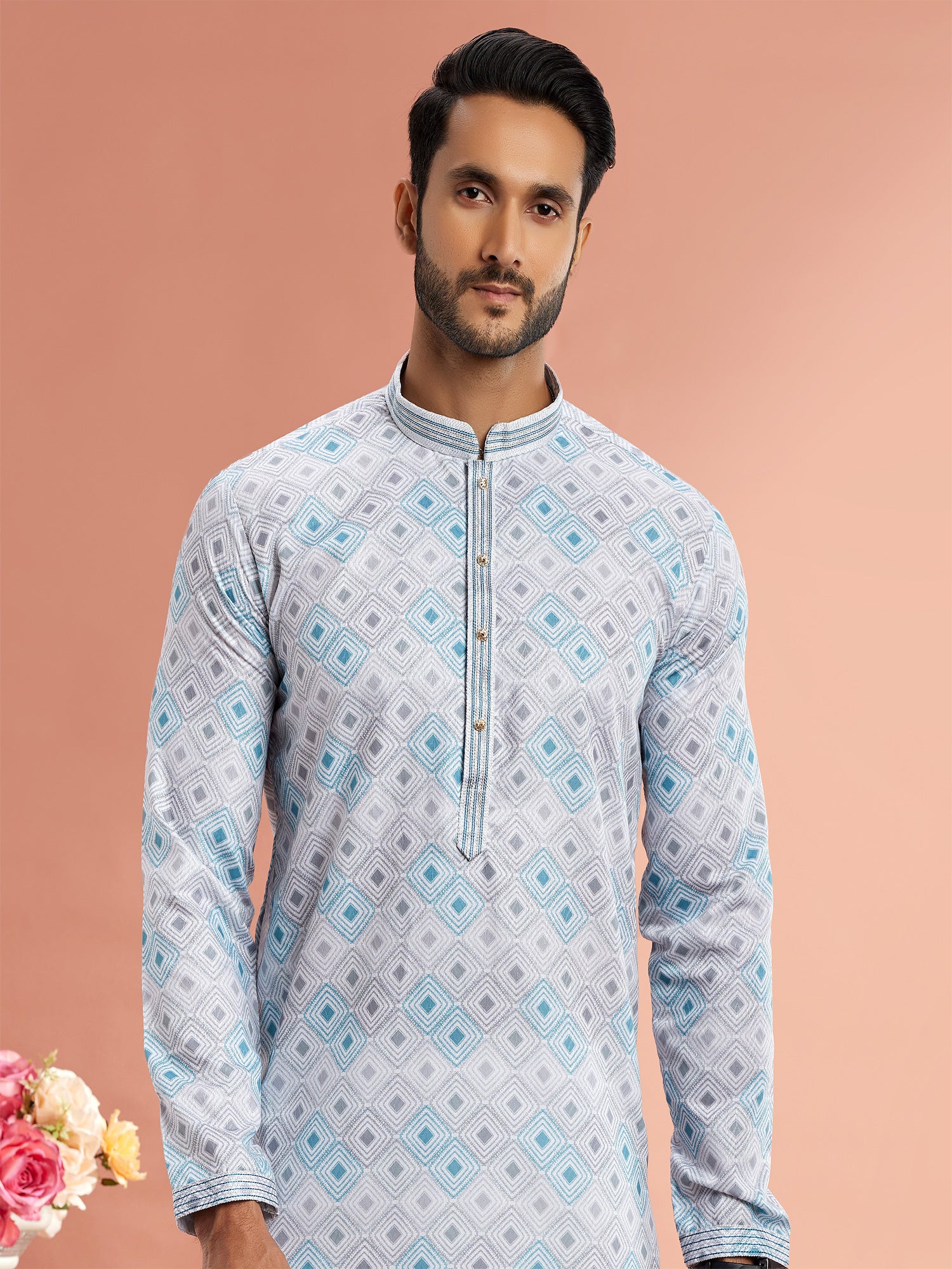 Blue Digital Printed Kurta Pyjama Set For Mens