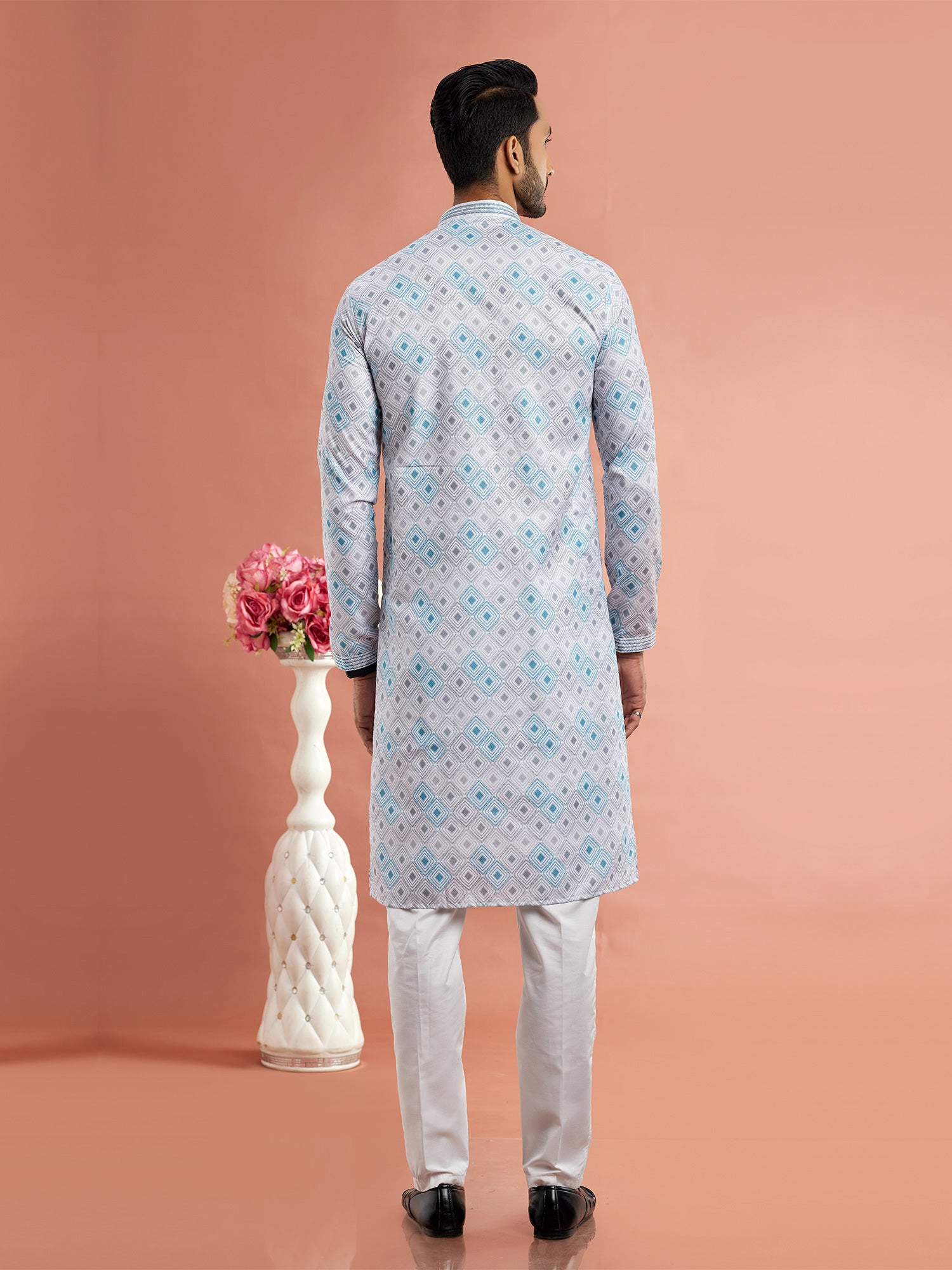 Blue Digital Printed Kurta Pyjama Set For Mens