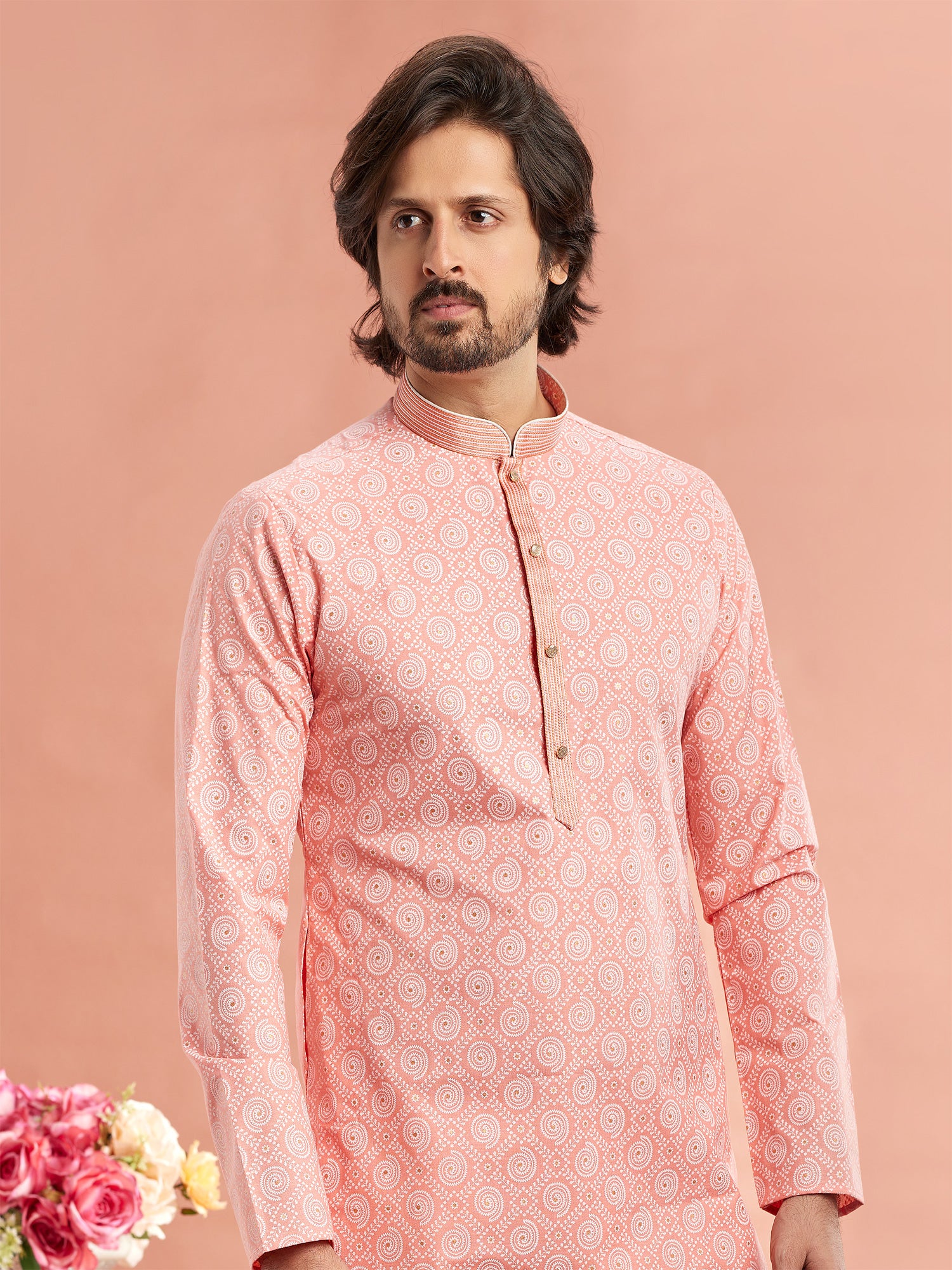 Peach Readymade Printed Kurta Pyjama Set In Cotton