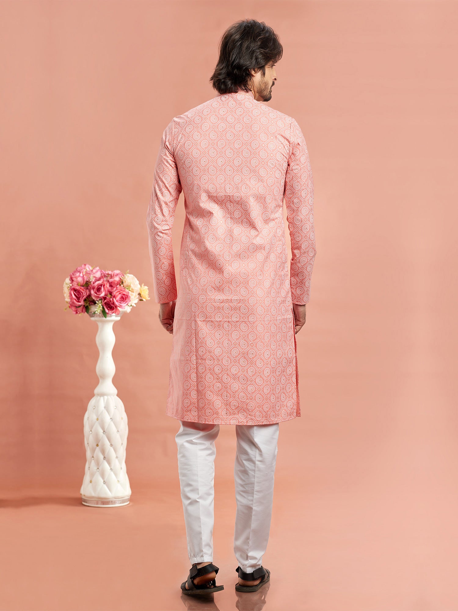 Peach Readymade Printed Kurta Pyjama Set In Cotton