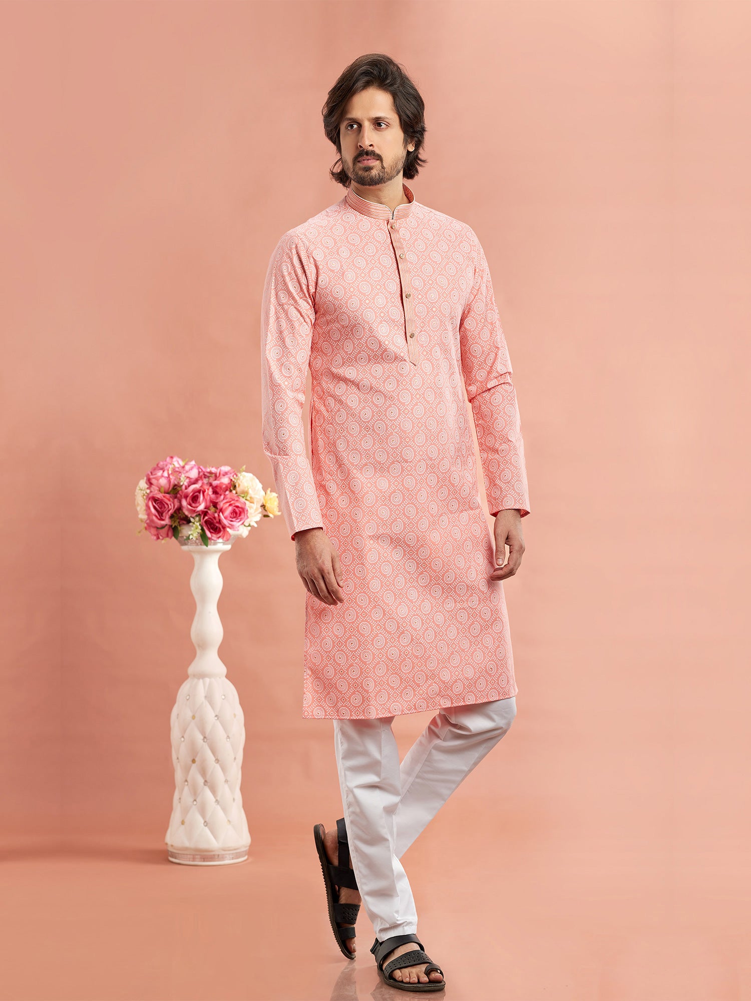 Peach Readymade Printed Kurta Pyjama Set In Cotton