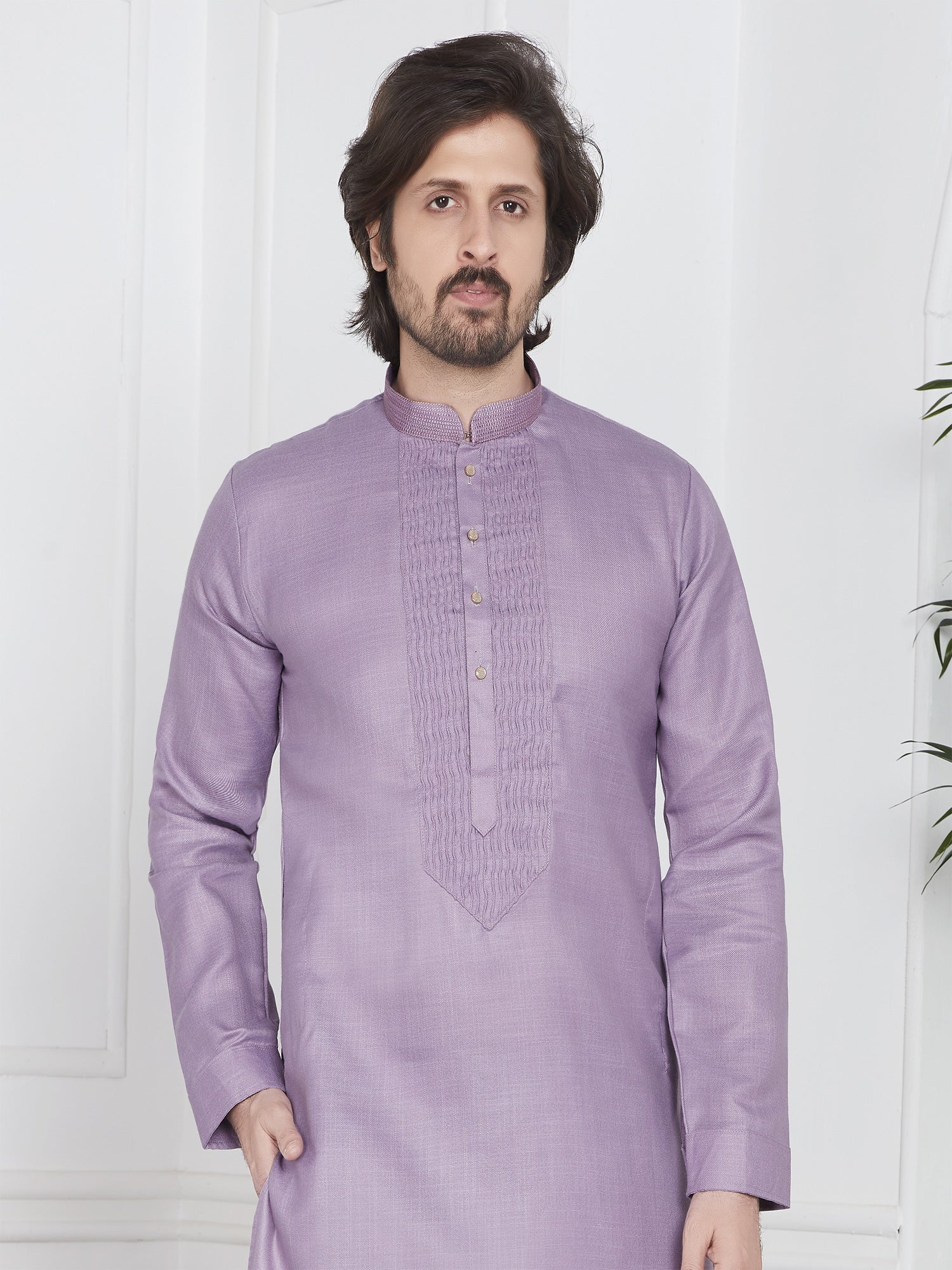 Lilac Mens Plain Kurta Set In Cotton With Pant