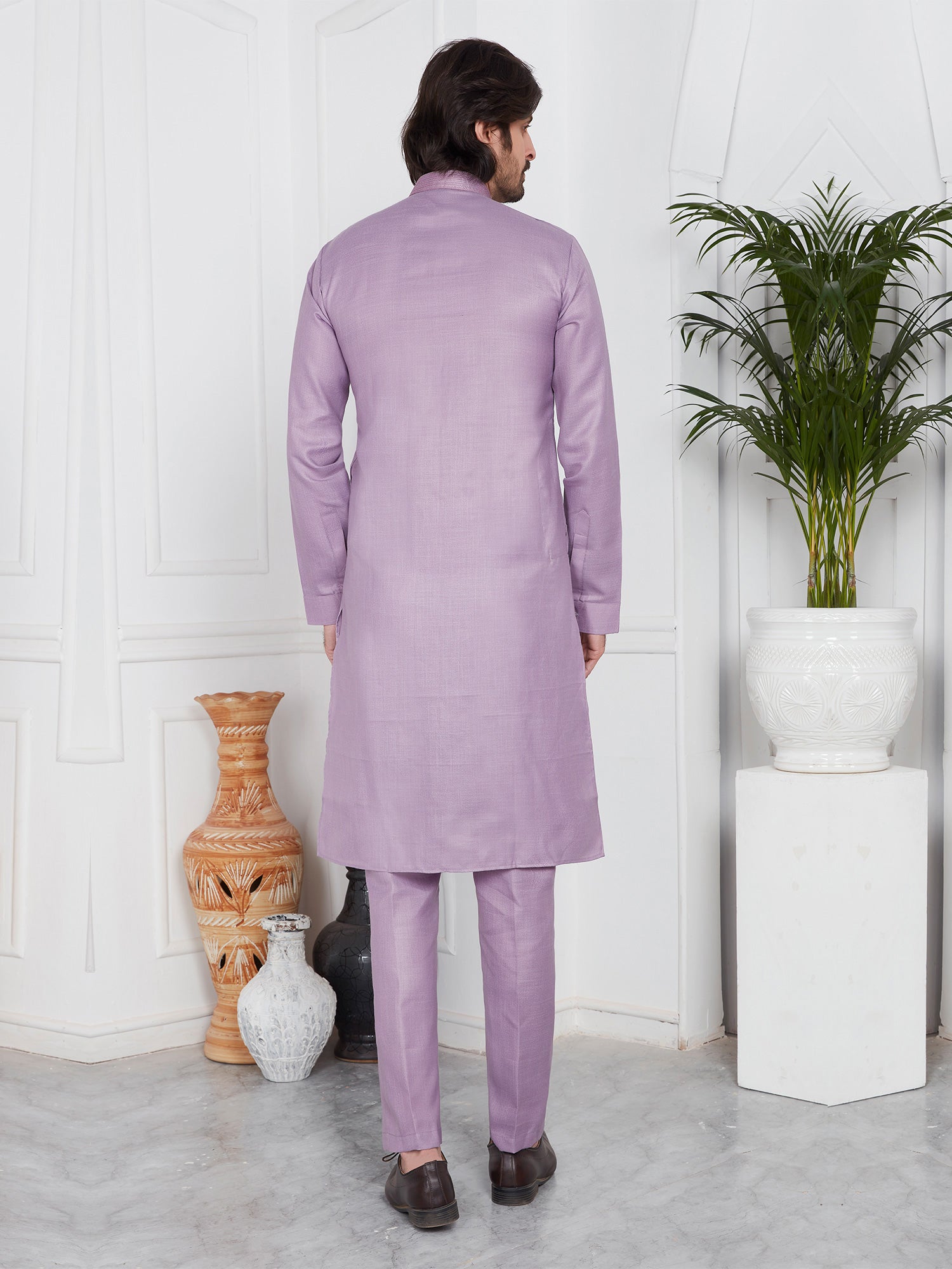 Lilac Mens Plain Kurta Set In Cotton With Pant