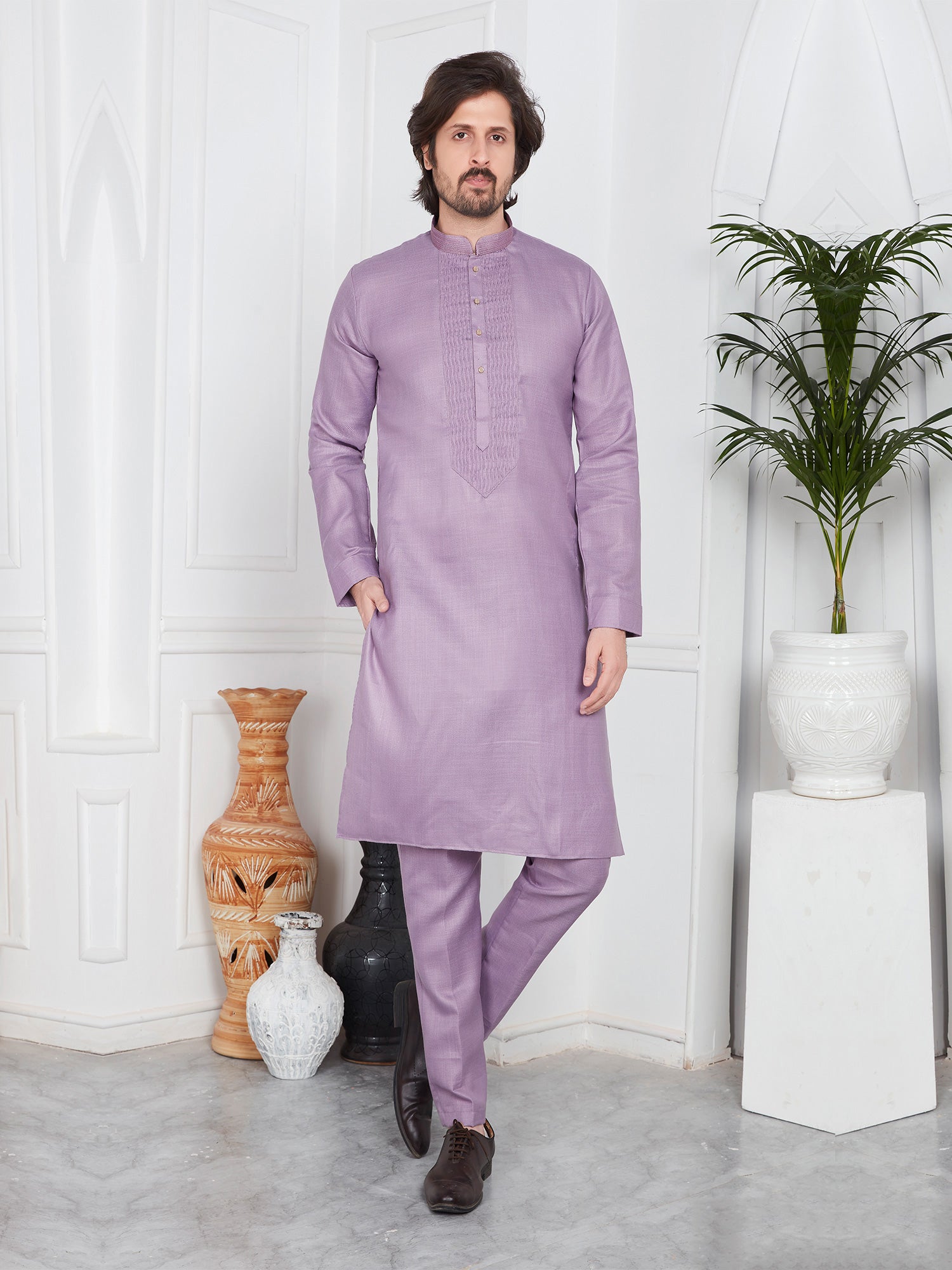 Lilac Mens Plain Kurta Set In Cotton With Pant