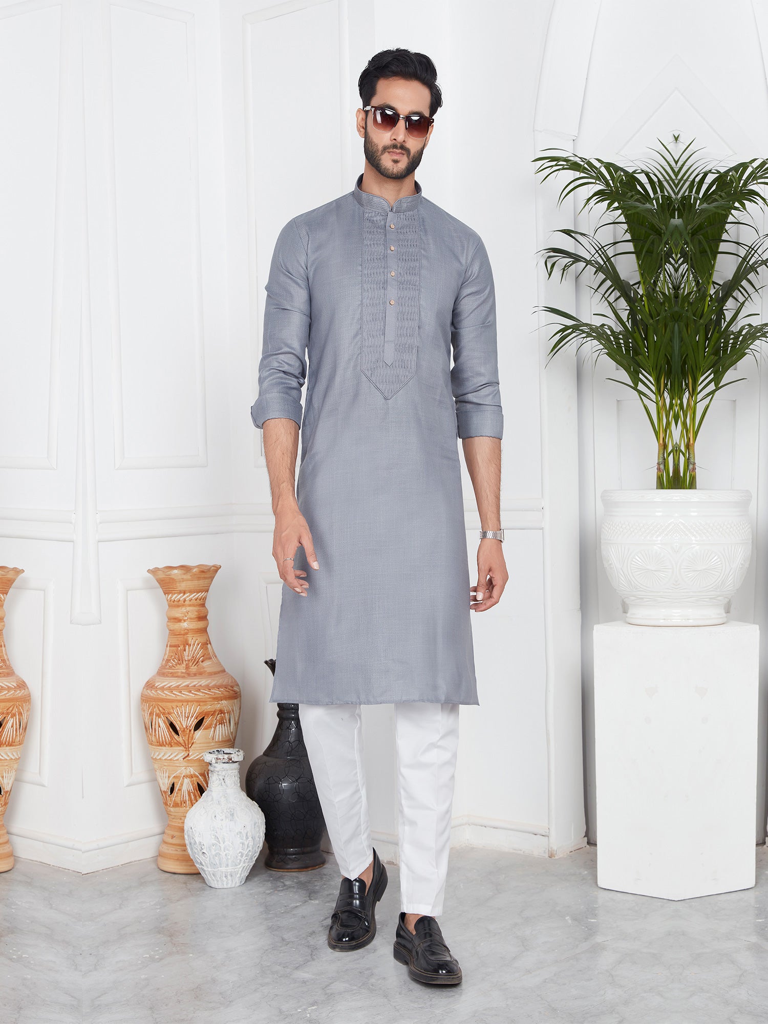 Grey Casual Wear Kurta Pyjama Set For Mens