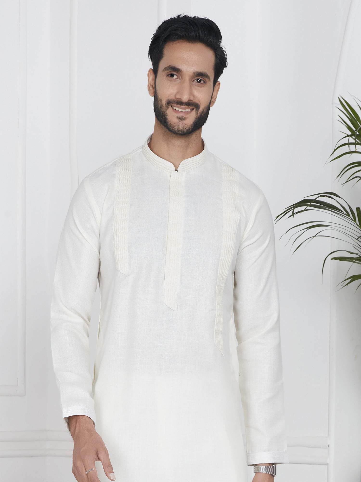 Bright White Mens Kurta Pyjama Set In Cotton