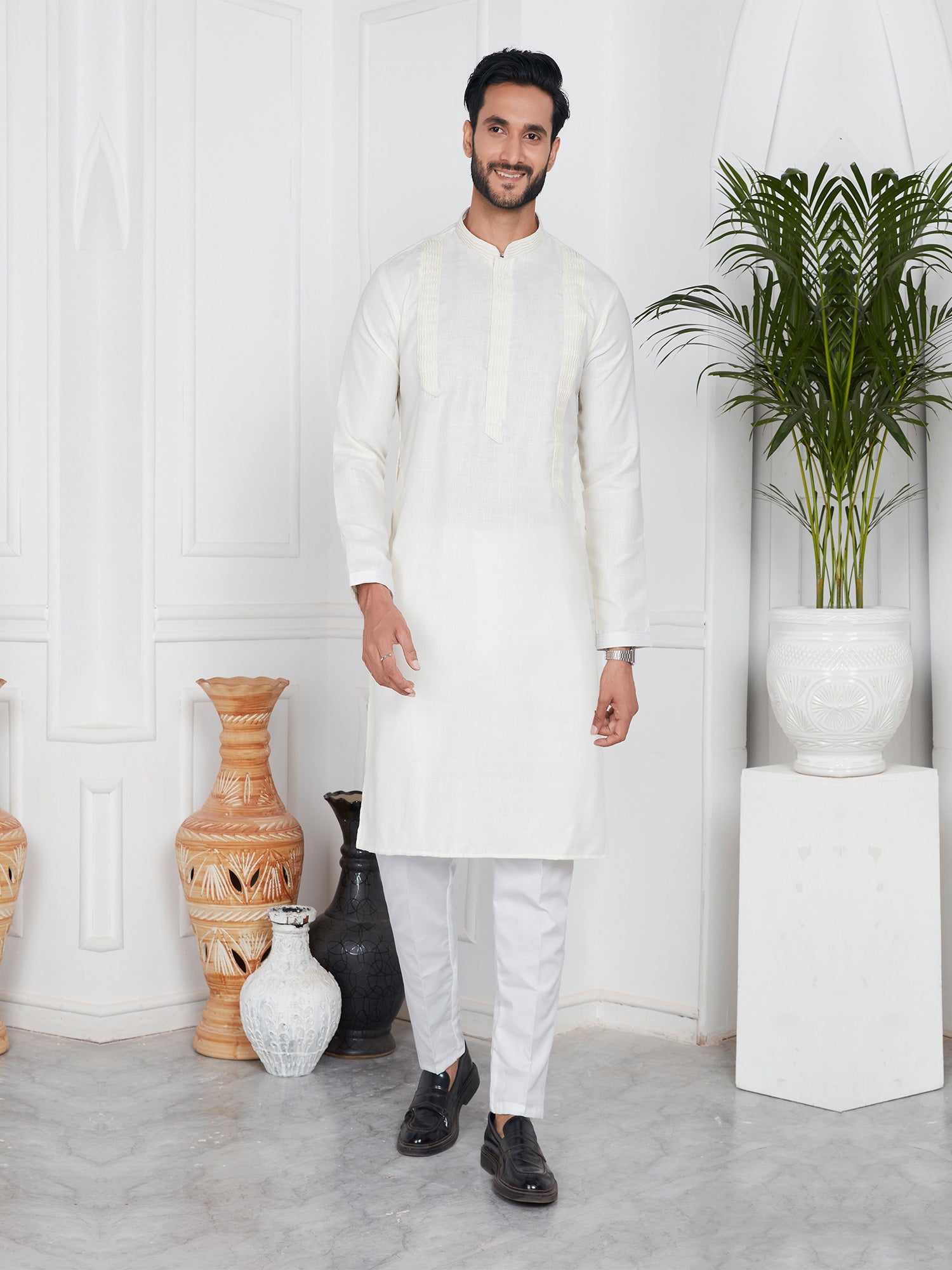Bright White Mens Kurta Pyjama Set In Cotton