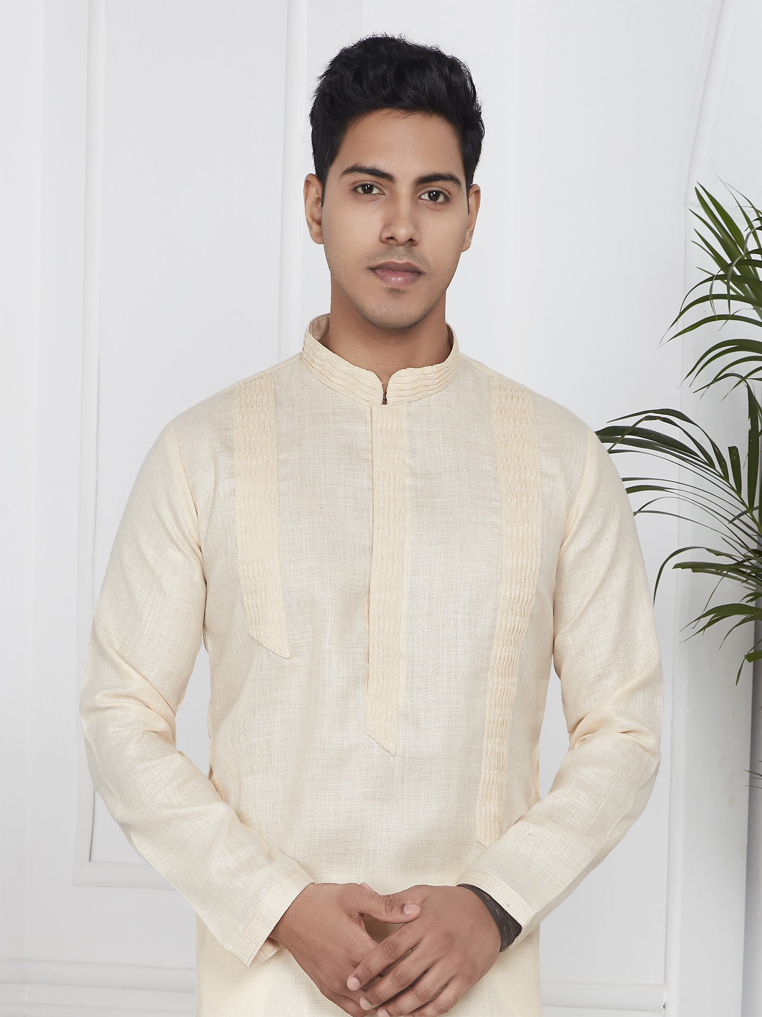 Light Cream Mens Readymade Plain Kurta Pyjama