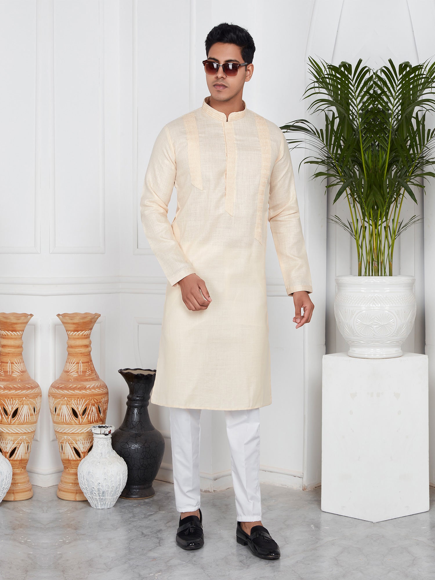 Light Cream Mens Readymade Plain Kurta Pyjama