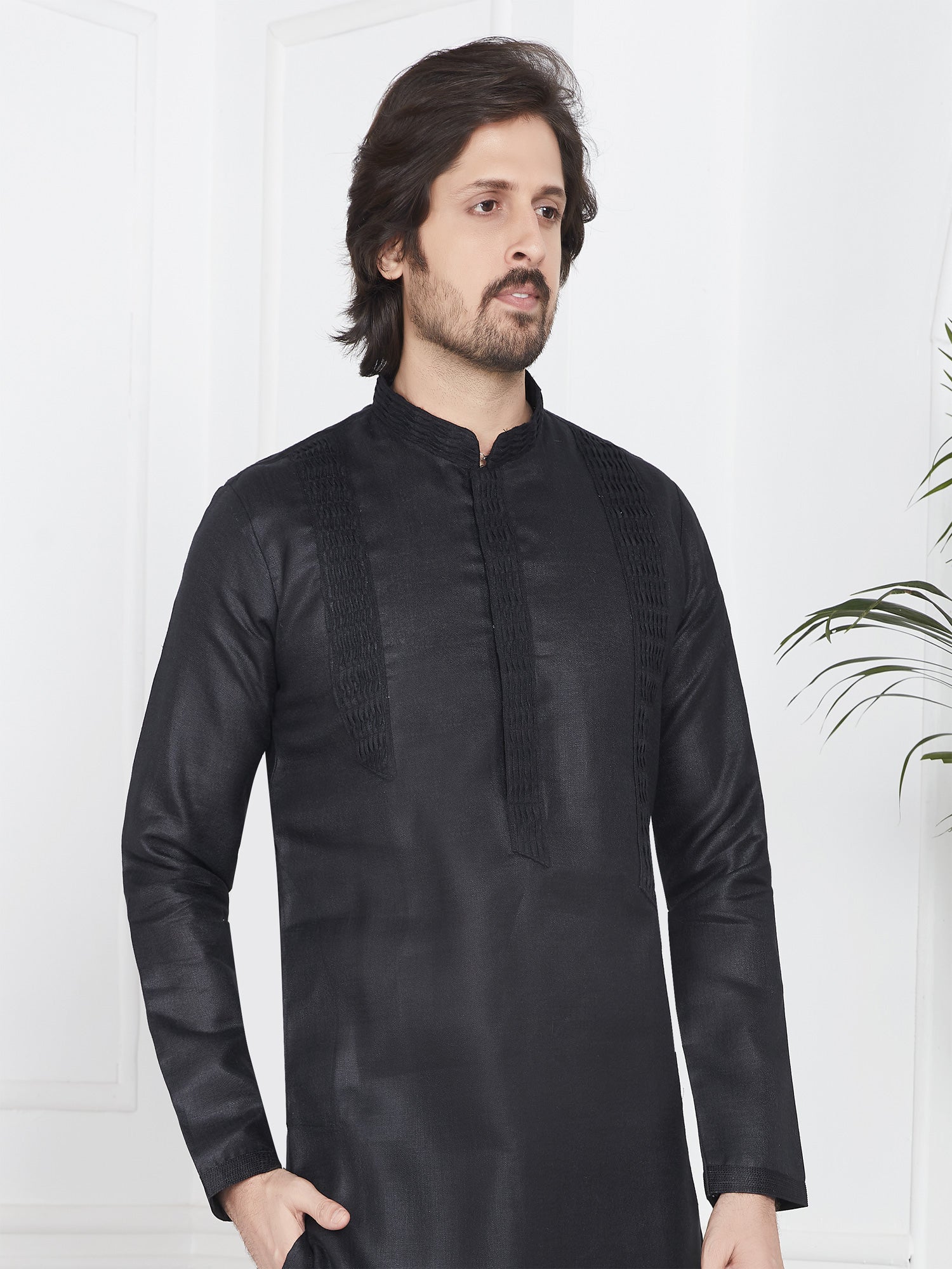 Black Festive Wear Mens Kurta Pyjama In Cotton