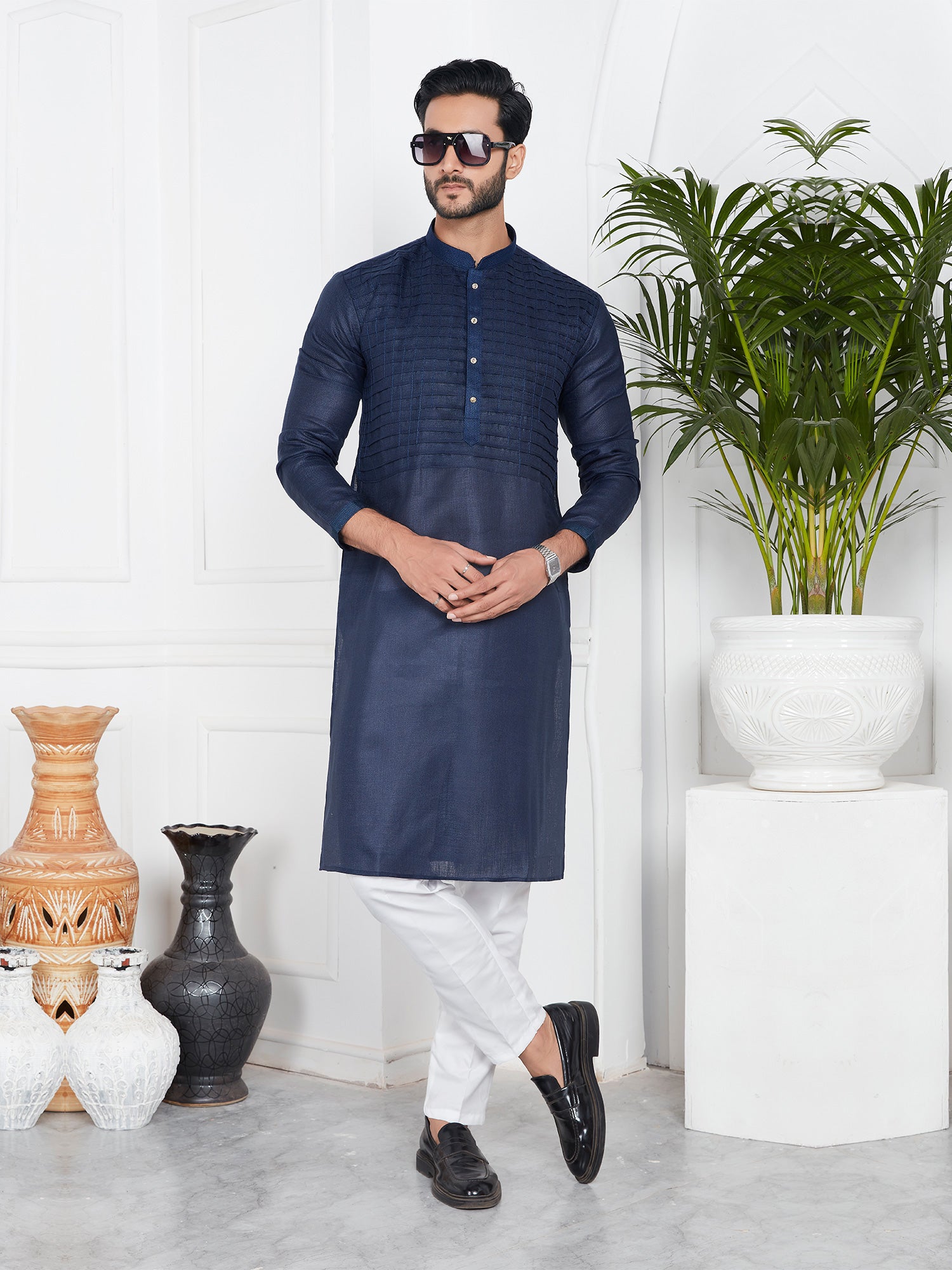Navy Blue Wedding Wear Mens Kurta Pyjama