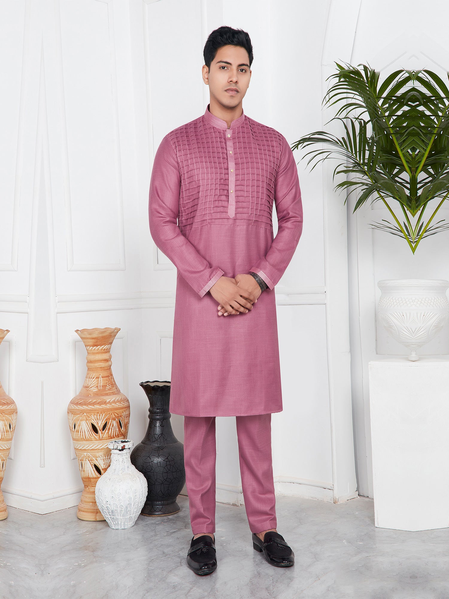 Dark Pink Plain Festive Wear Kurta Pyjama Set