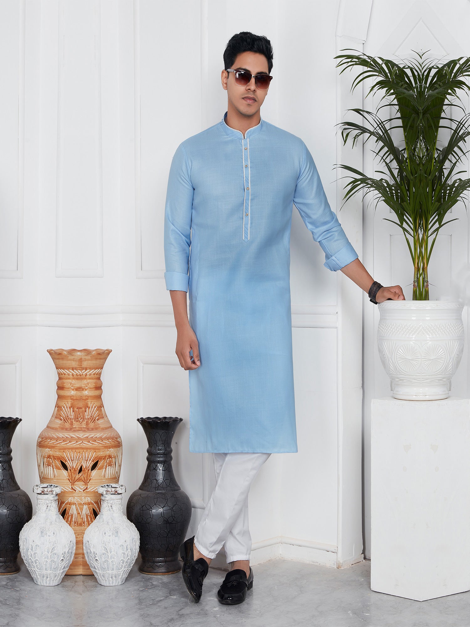 Sky Blue Plain Kurta Pyjama For Mens In Cotton