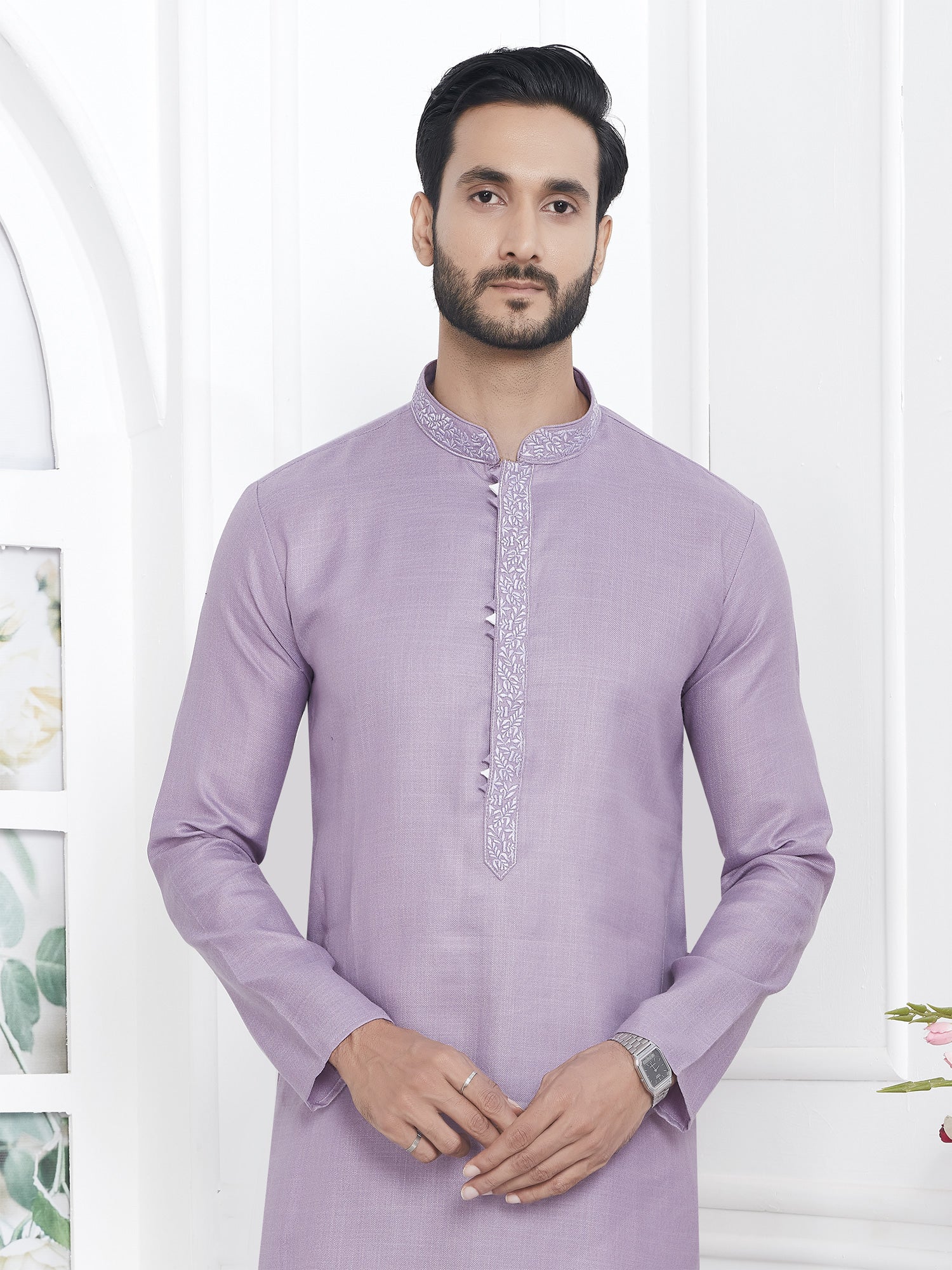 Lilac Readymade Kurta Pyjama Set Mens In Cotton