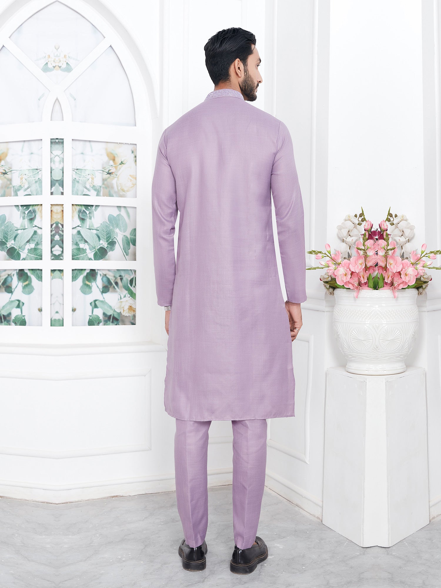 Lilac Readymade Kurta Pyjama Set Mens In Cotton