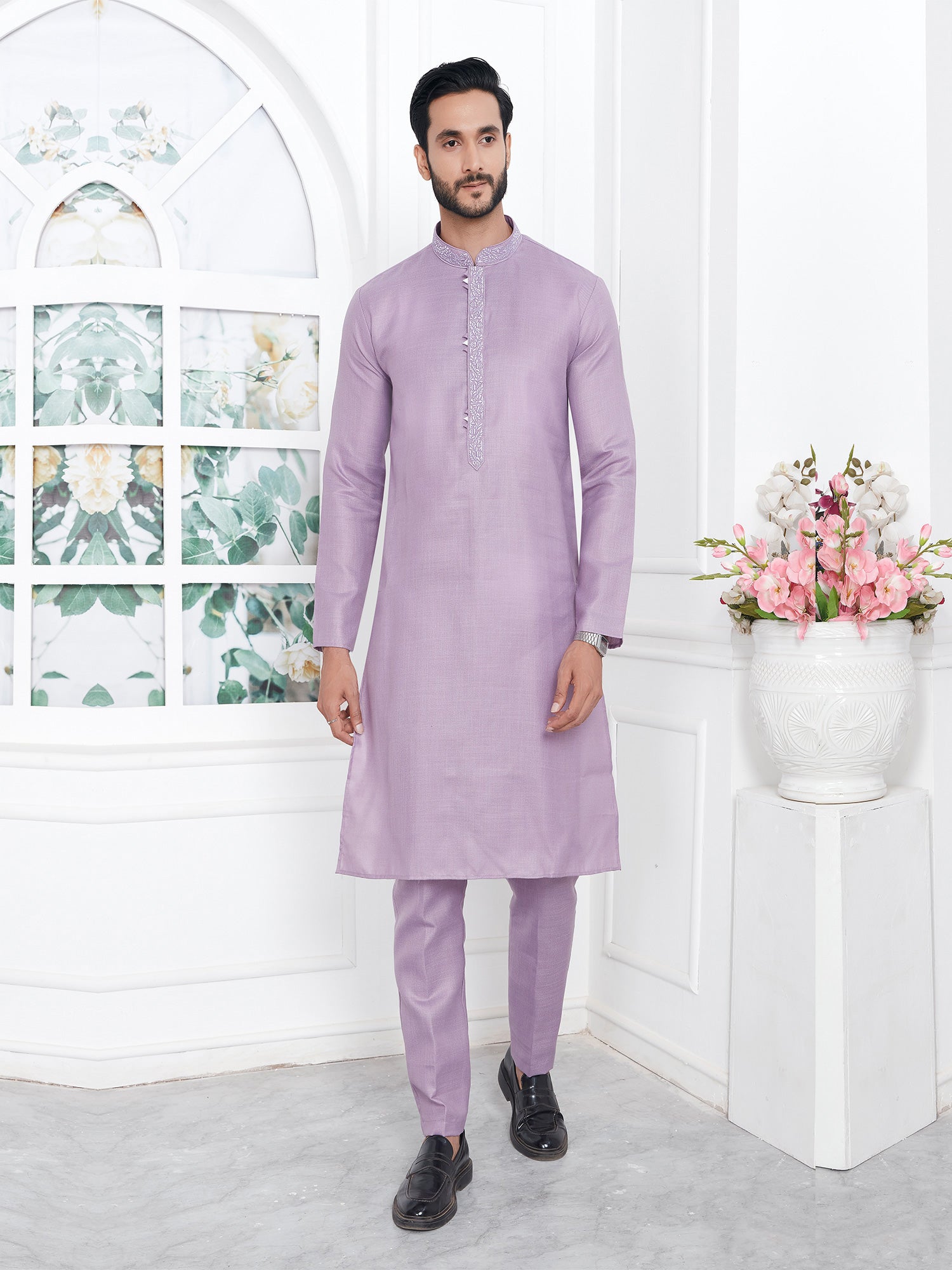 Lilac Readymade Kurta Pyjama Set Mens In Cotton