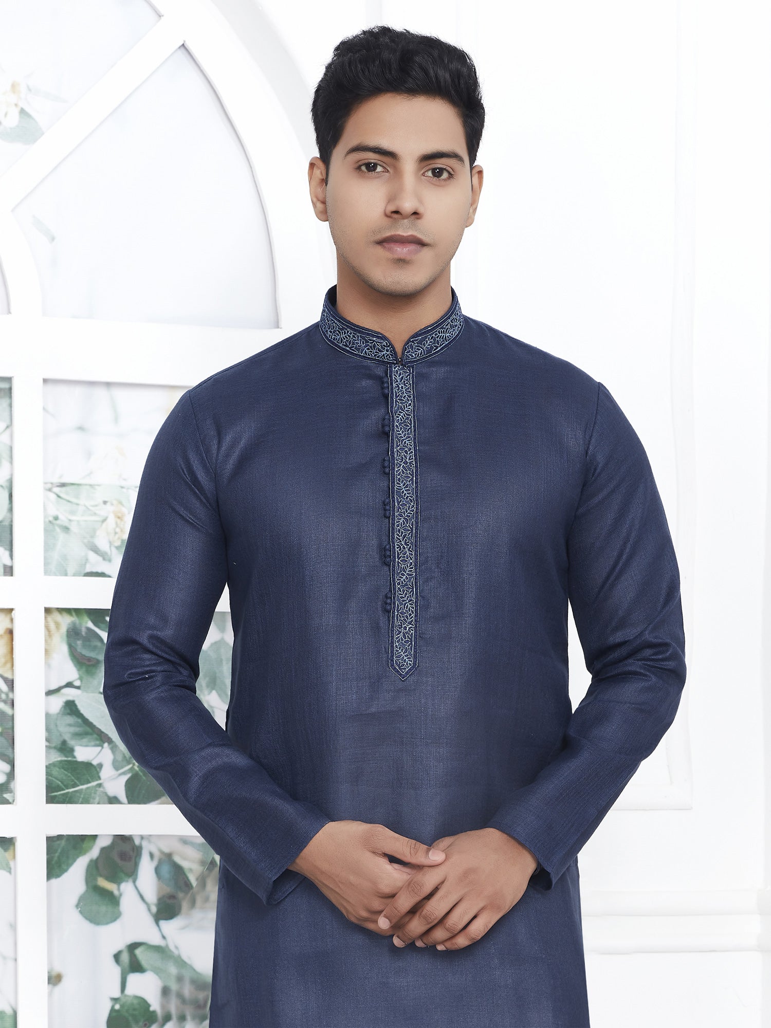 Navy Blue Festive Wear Mens Kurta Pyjama In Cotton