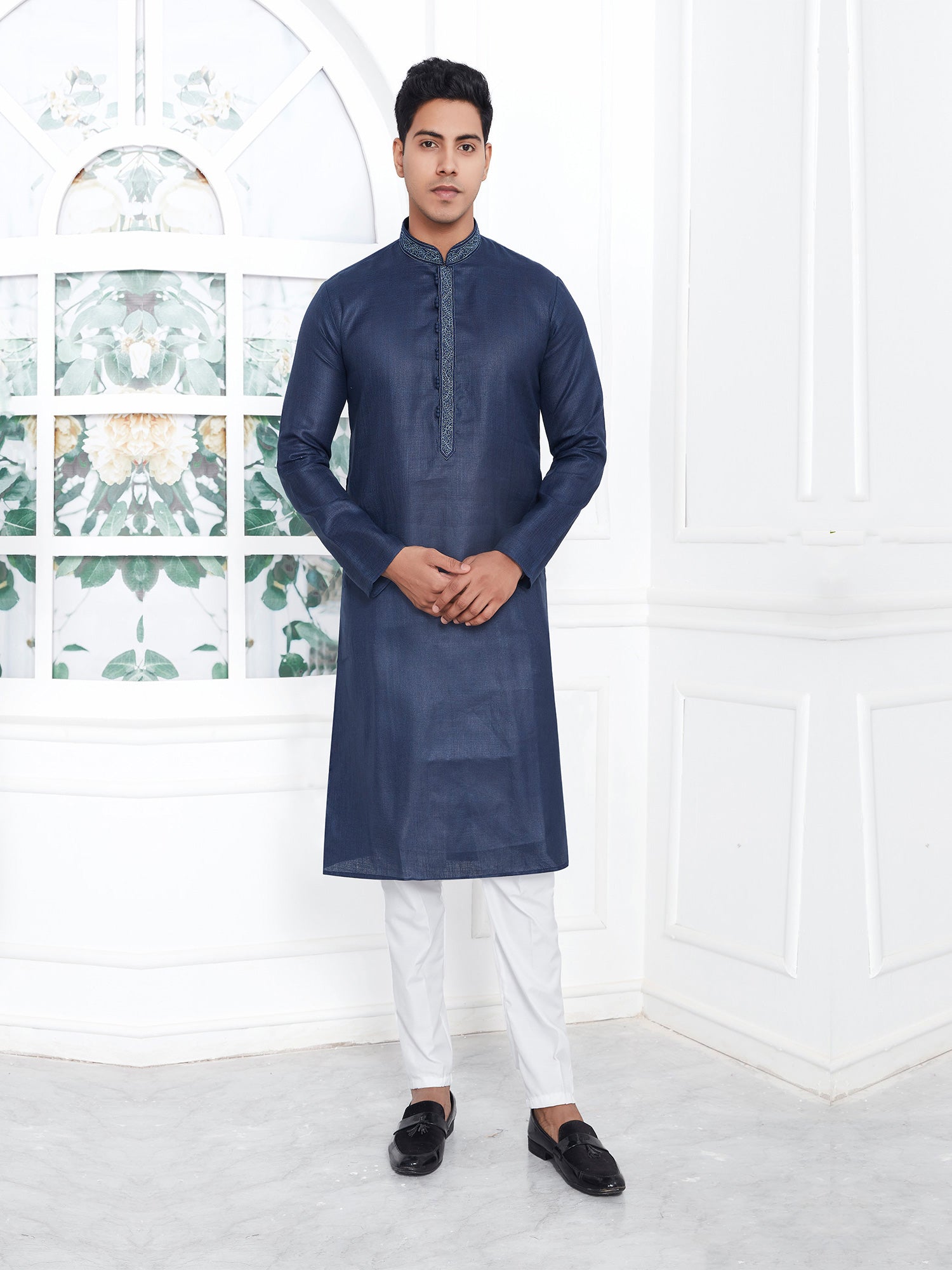 Navy Blue Festive Wear Mens Kurta Pyjama In Cotton